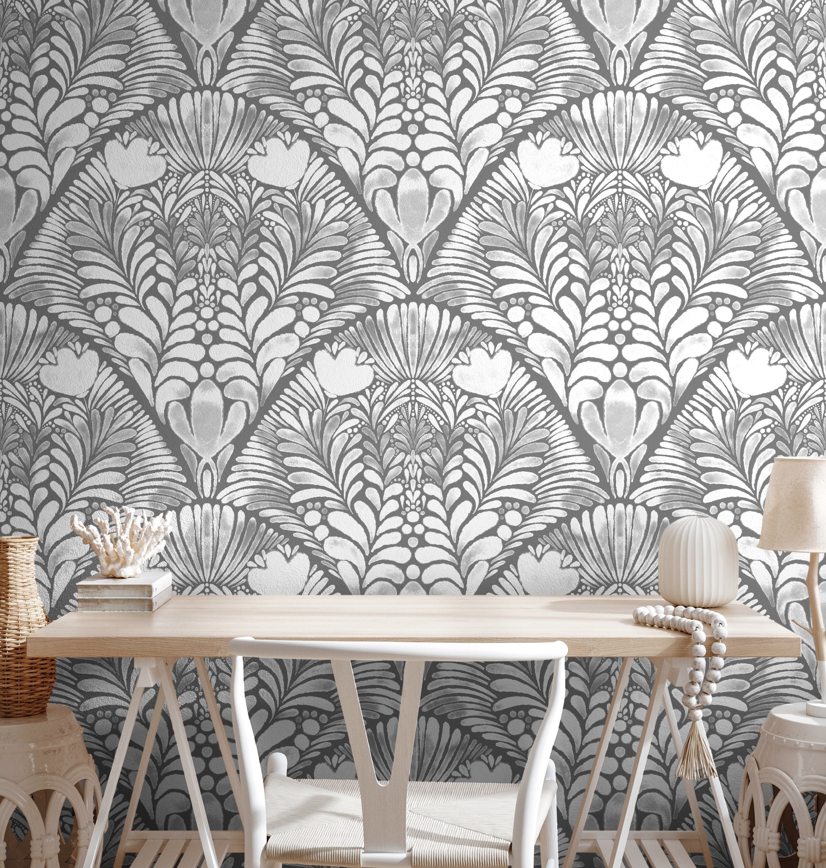 Art Nouveau Wallpaper With A Stylized Floral Fan Motif In Shades Of Gray - X140