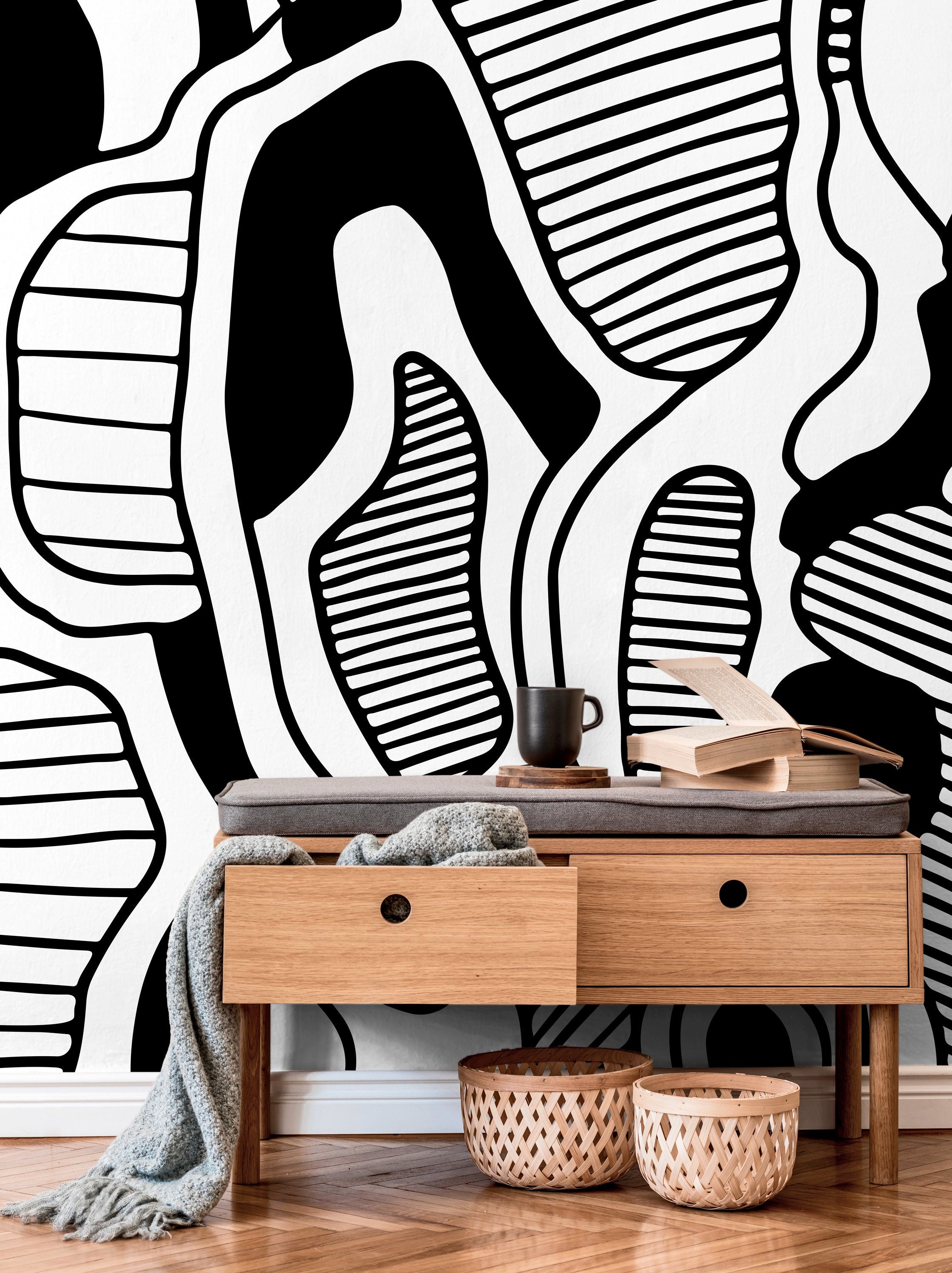 Abstract Wallpaper With Organic Line Art Forms In Black And White - X144