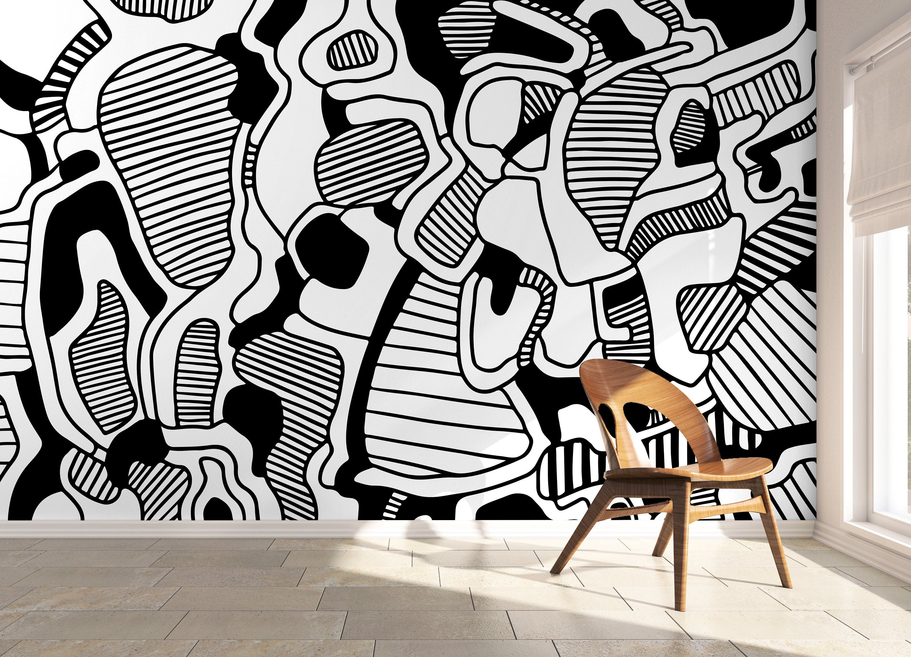 Abstract Wallpaper With Organic Line Art Forms In Black And White - X144