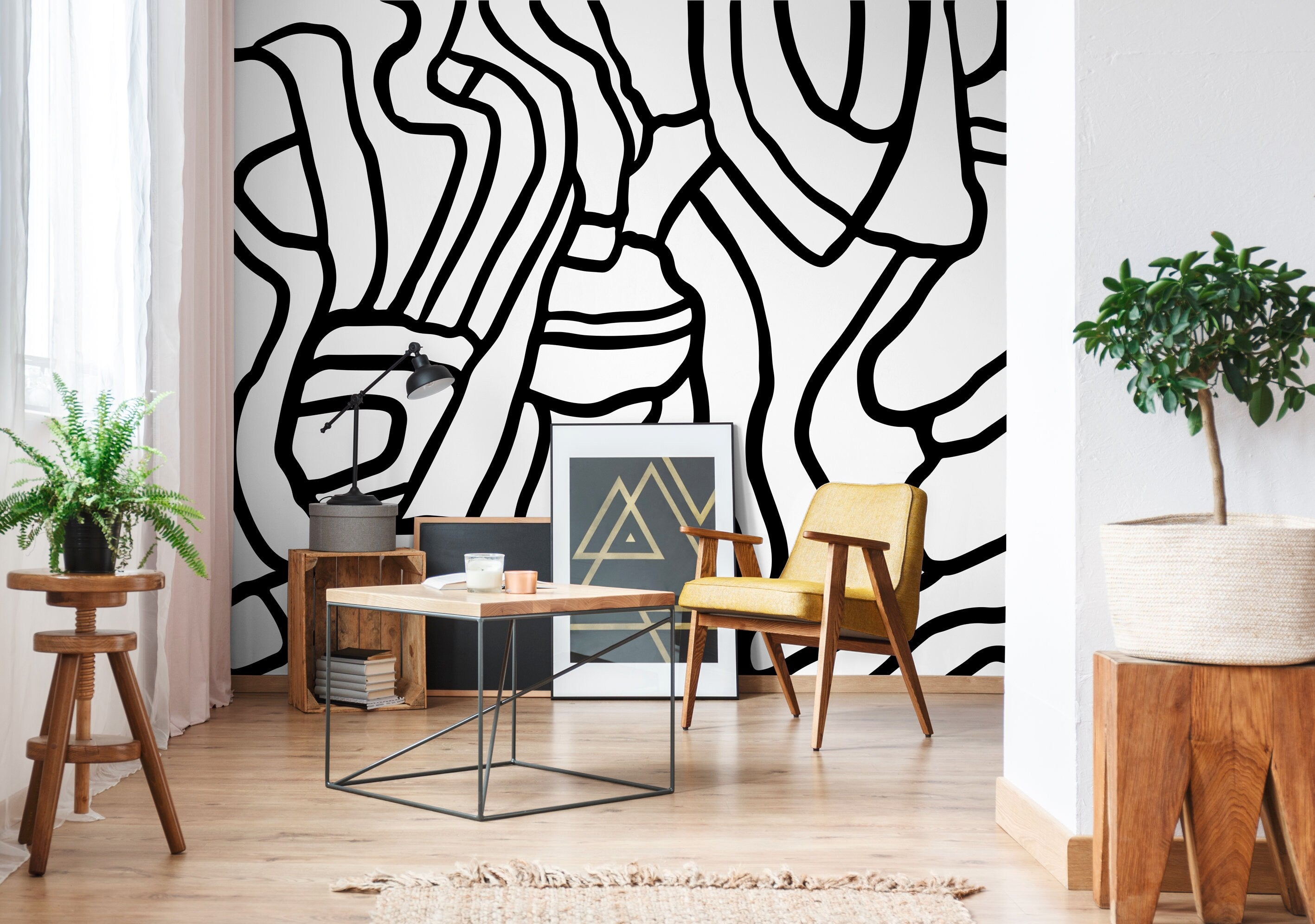Abstract Wallpaper With Bold Flowing Lines In Black And White - X145