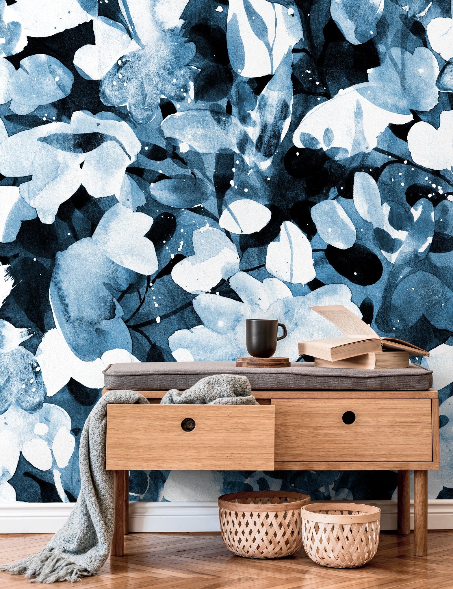 Abstract Wallpaper Featuring An Inky Botanical Motif In Navy Blue And Black - X148