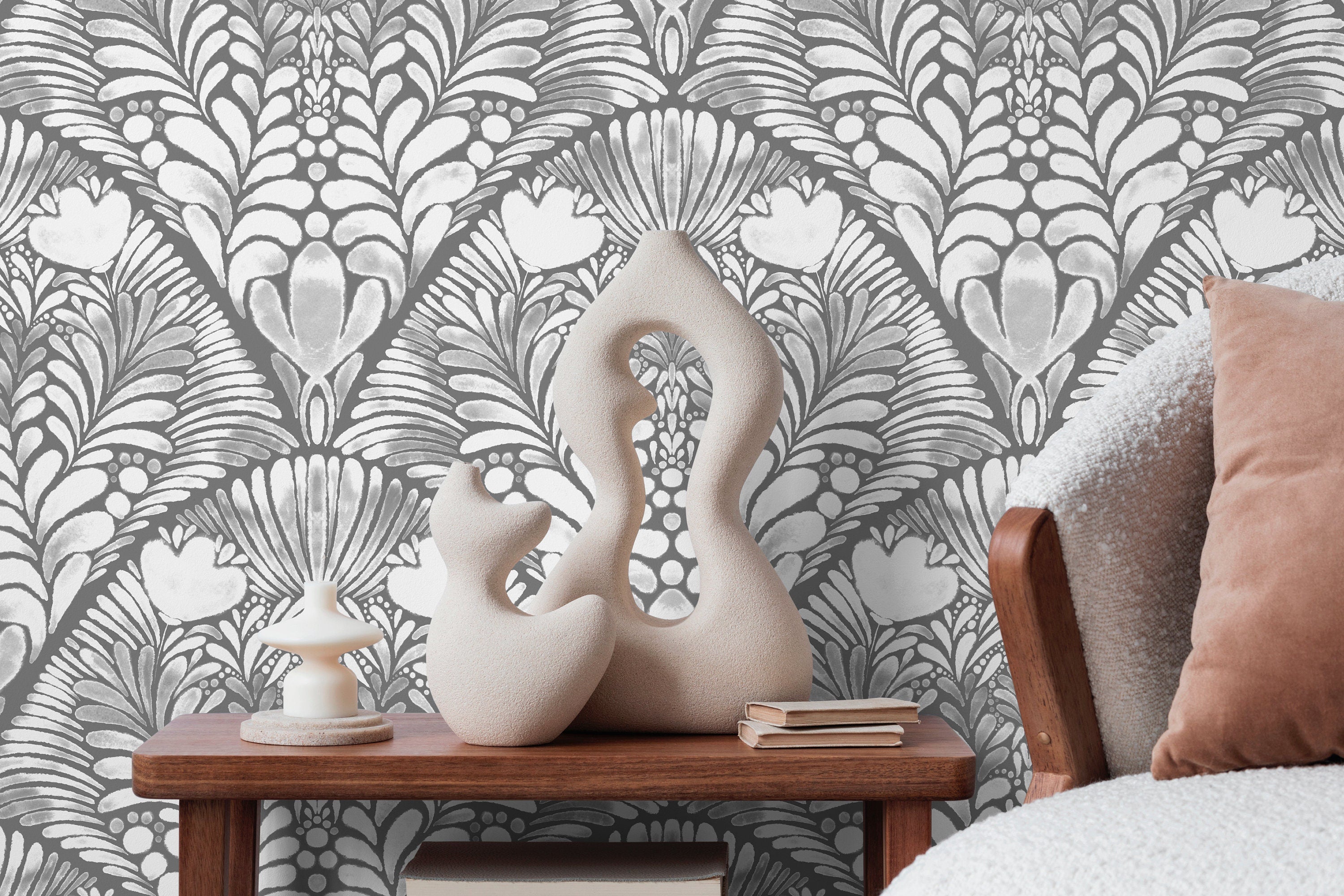 Art Nouveau Wallpaper With A Stylized Floral Fan Motif In Shades Of Gray - X140