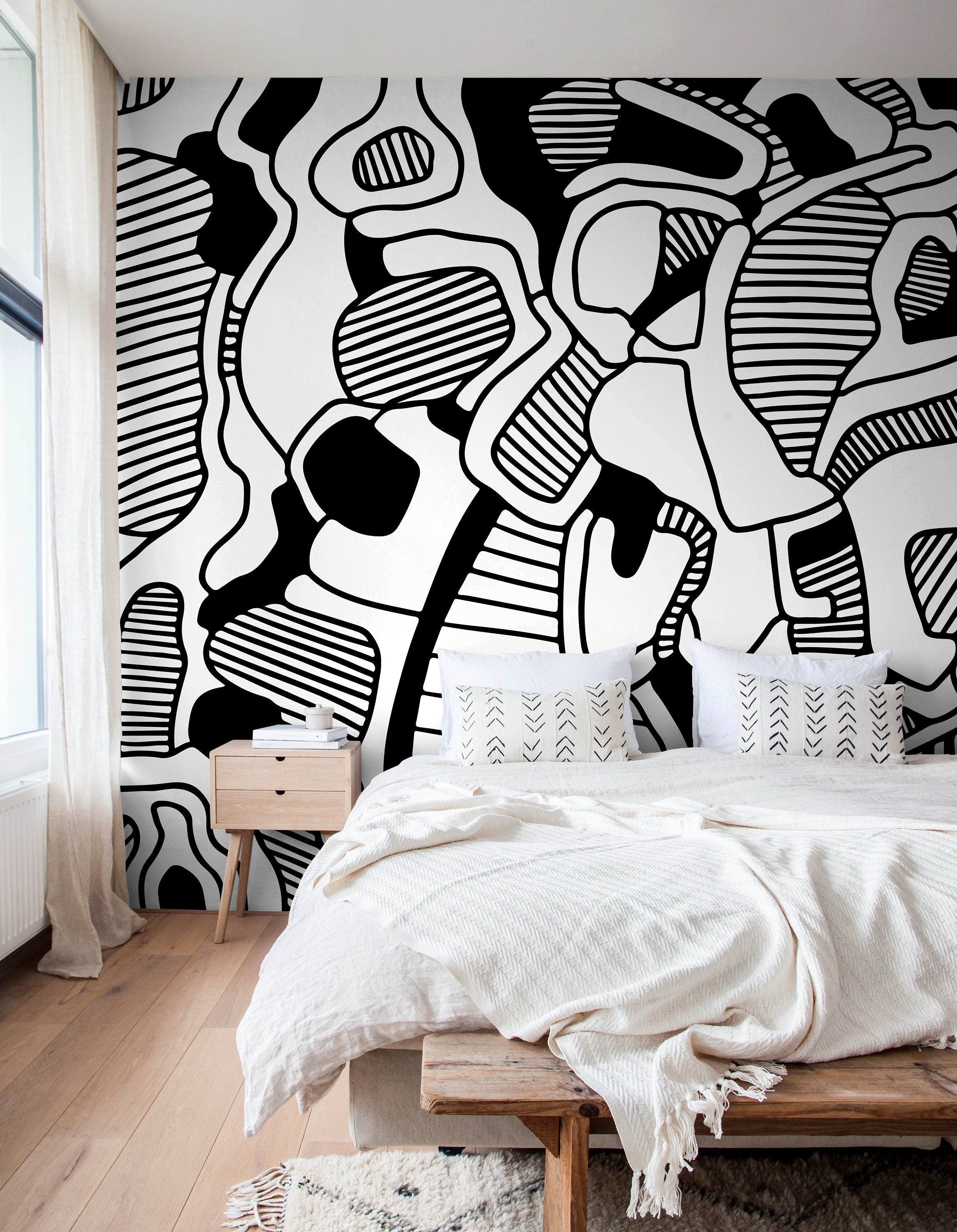 Abstract Wallpaper With Organic Line Art Forms In Black And White - X144