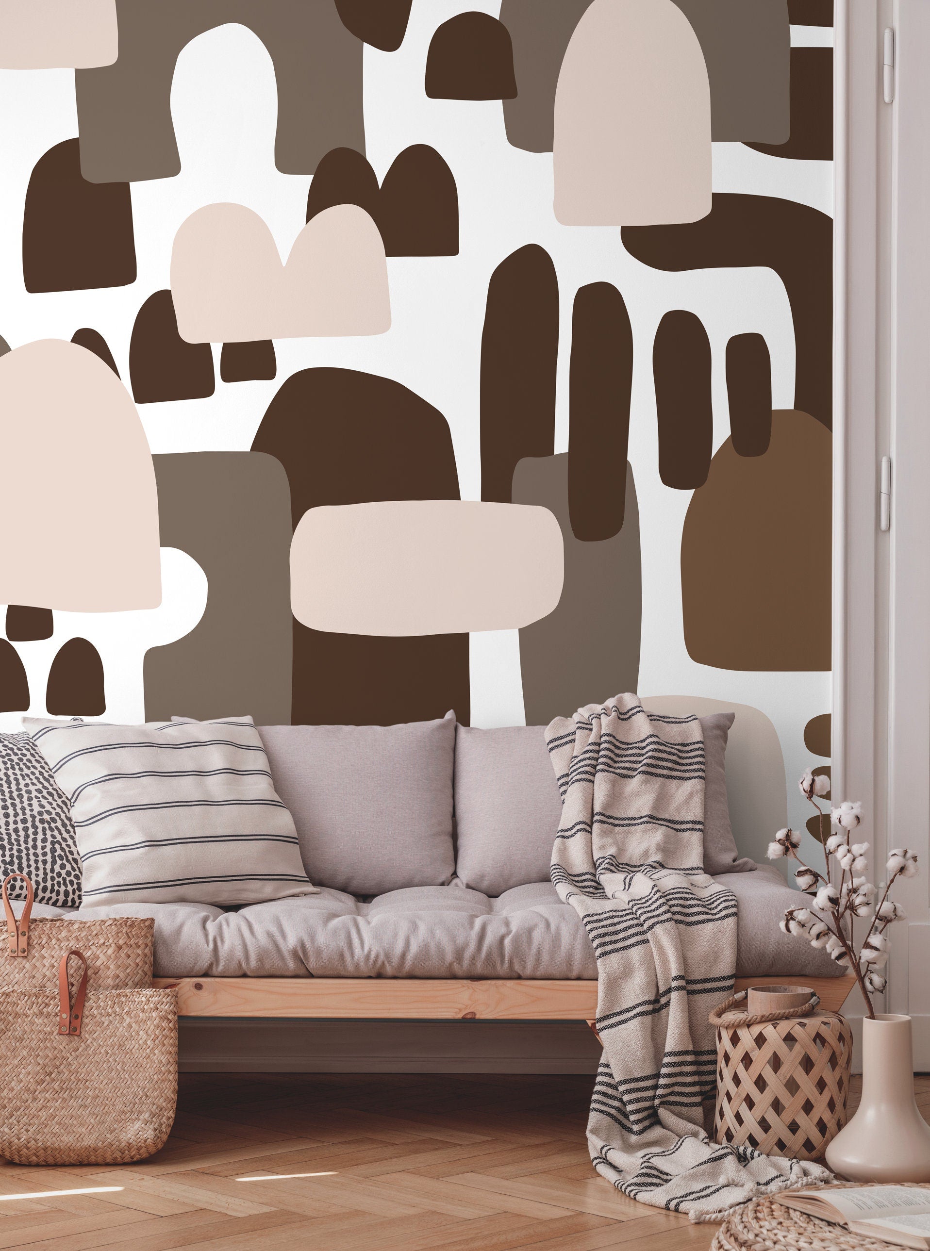 Abstract Wallpaper With Organic Block Shapes In Brown, Taupe, And Beige - X147