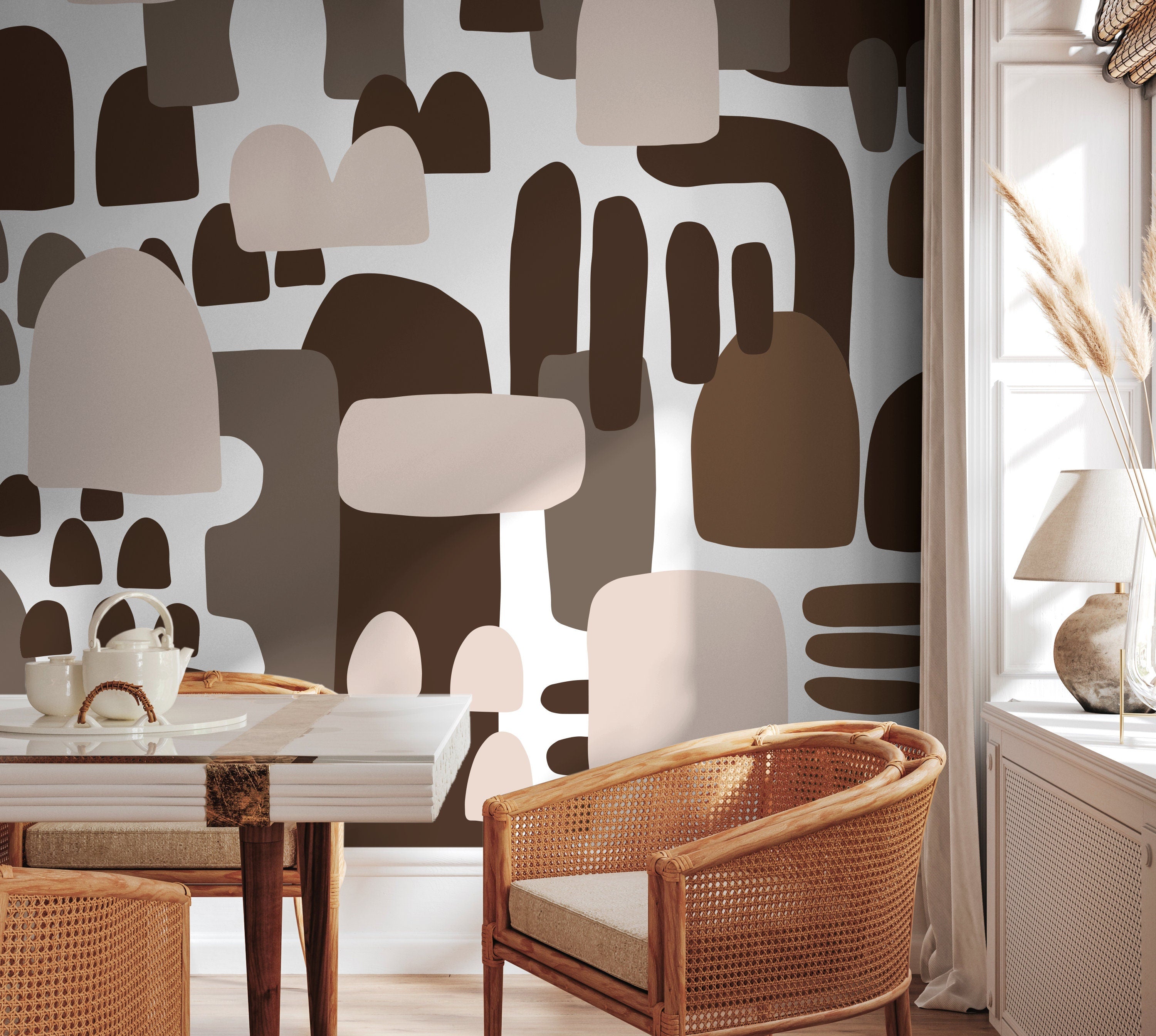 Abstract Wallpaper With Organic Block Shapes In Brown, Taupe, And Beige - X147