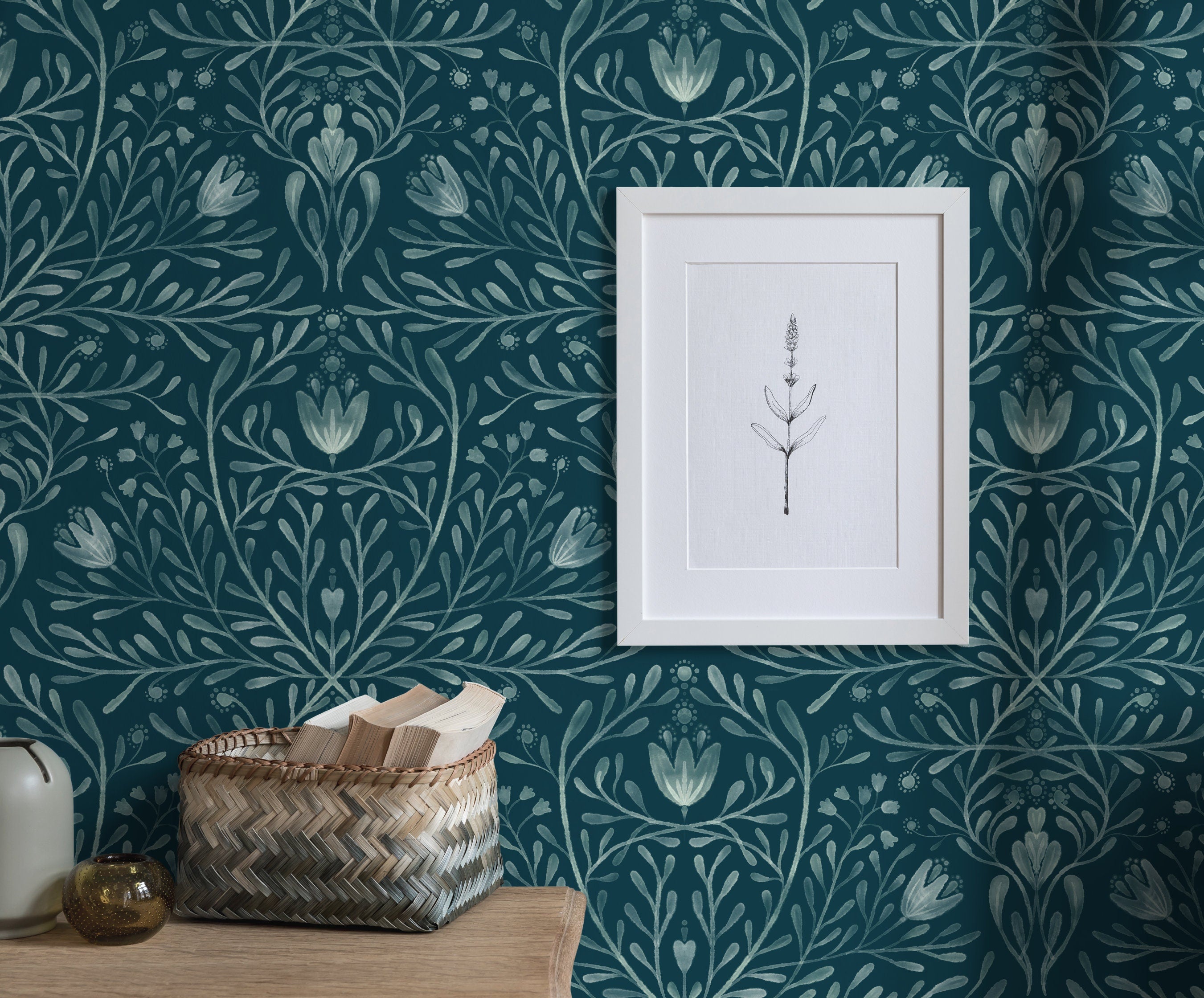 Art Nouveau Wallpaper With A Botanical Damask In Dark Teal And Sage Green - X139