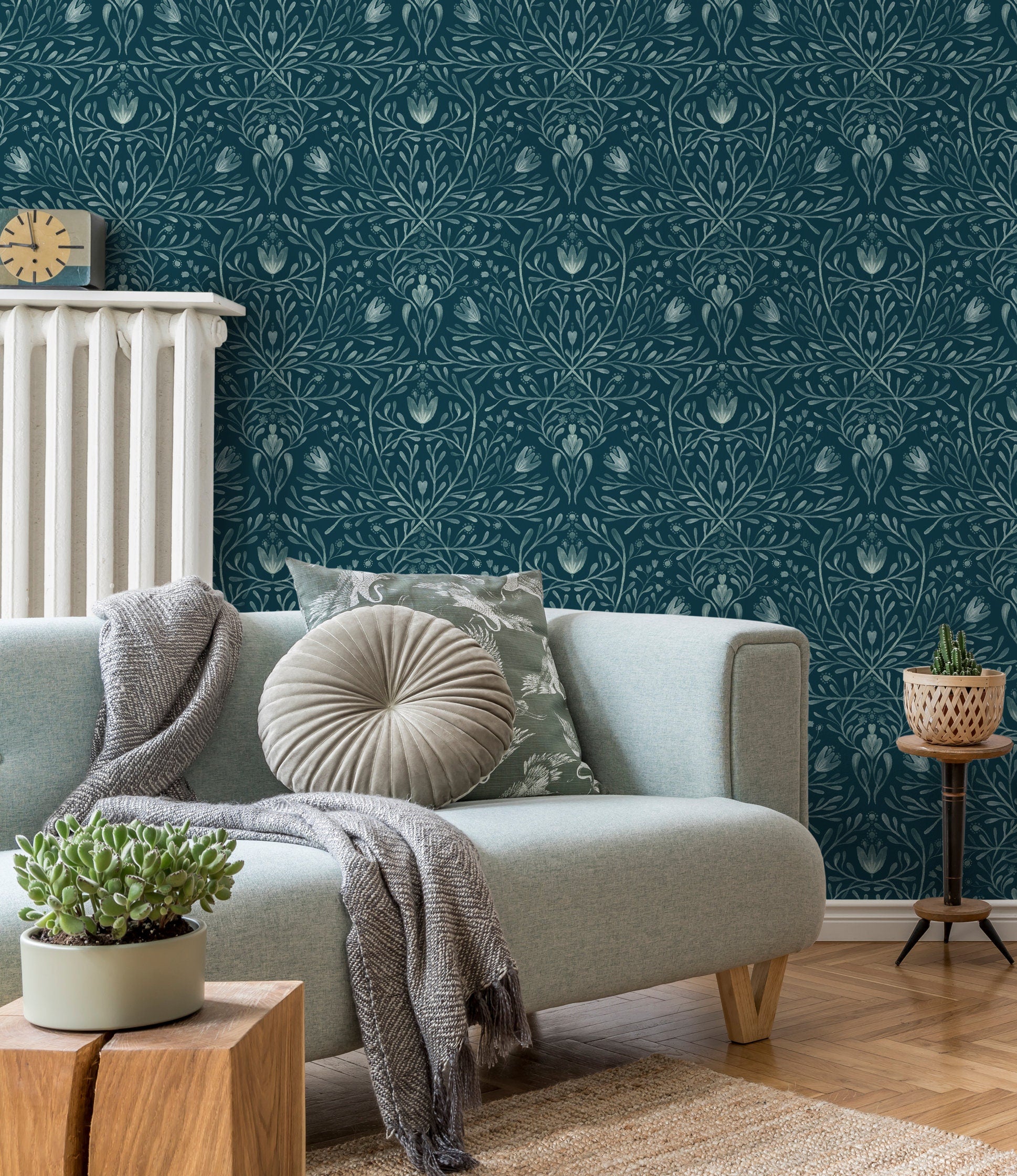 Art Nouveau Wallpaper With A Botanical Damask In Dark Teal And Sage Green - X139