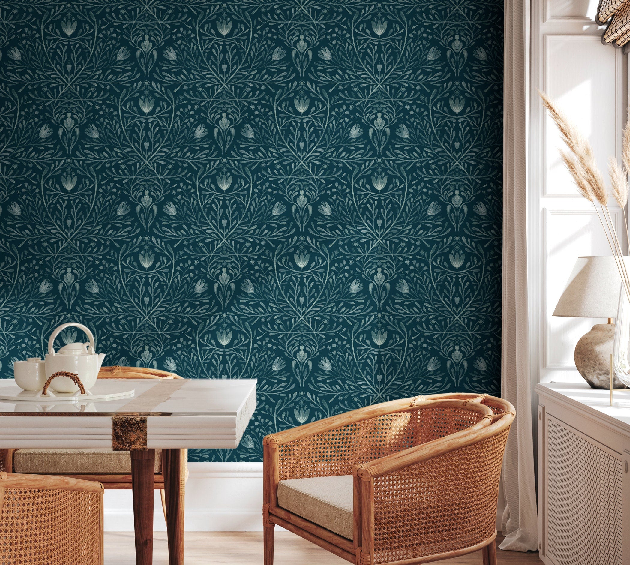 Art Nouveau Wallpaper With A Botanical Damask In Dark Teal And Sage Green - X139