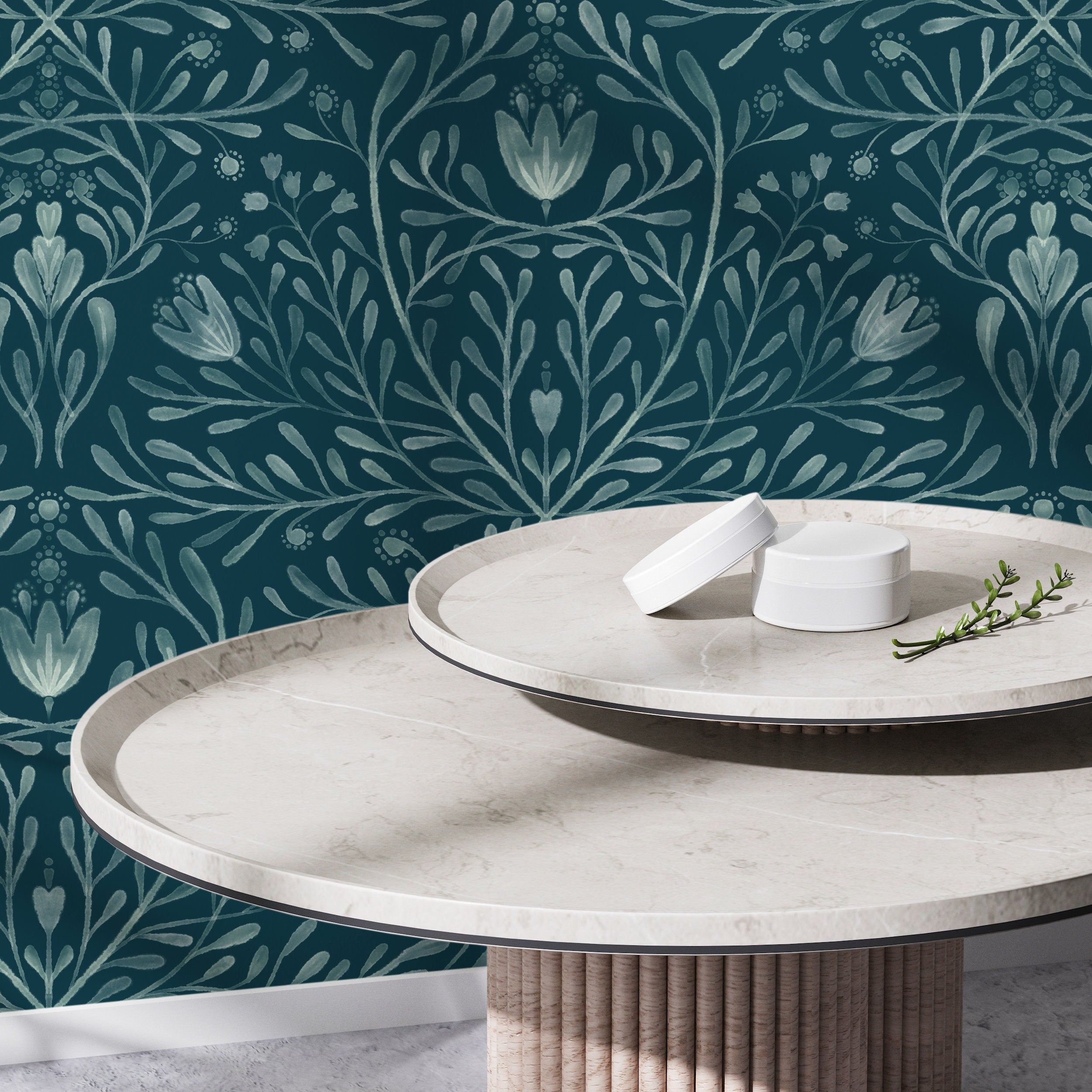 Art Nouveau Wallpaper With A Botanical Damask In Dark Teal And Sage Green - X139