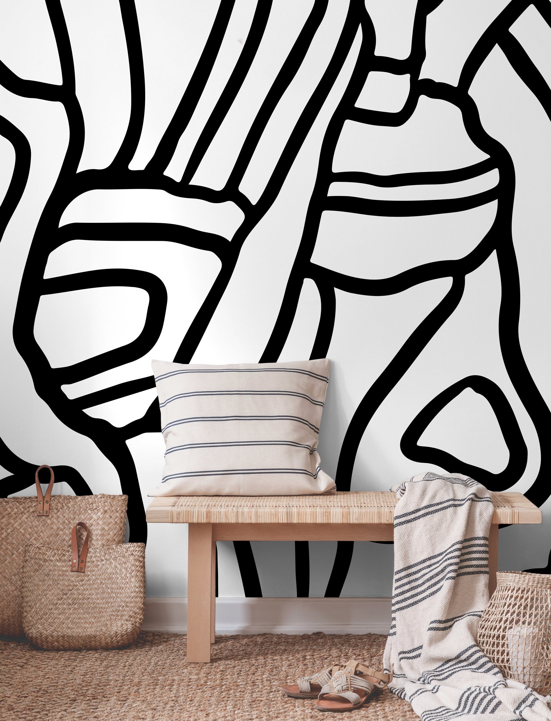 Abstract Wallpaper With Bold Flowing Lines In Black And White - X145