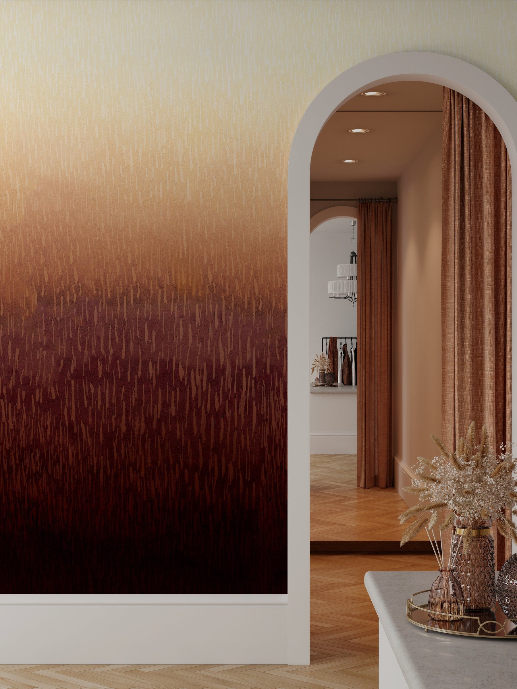 Ombre Wallpaper With Textured Brushstrokes In Orange, Brown, And Beige - X158