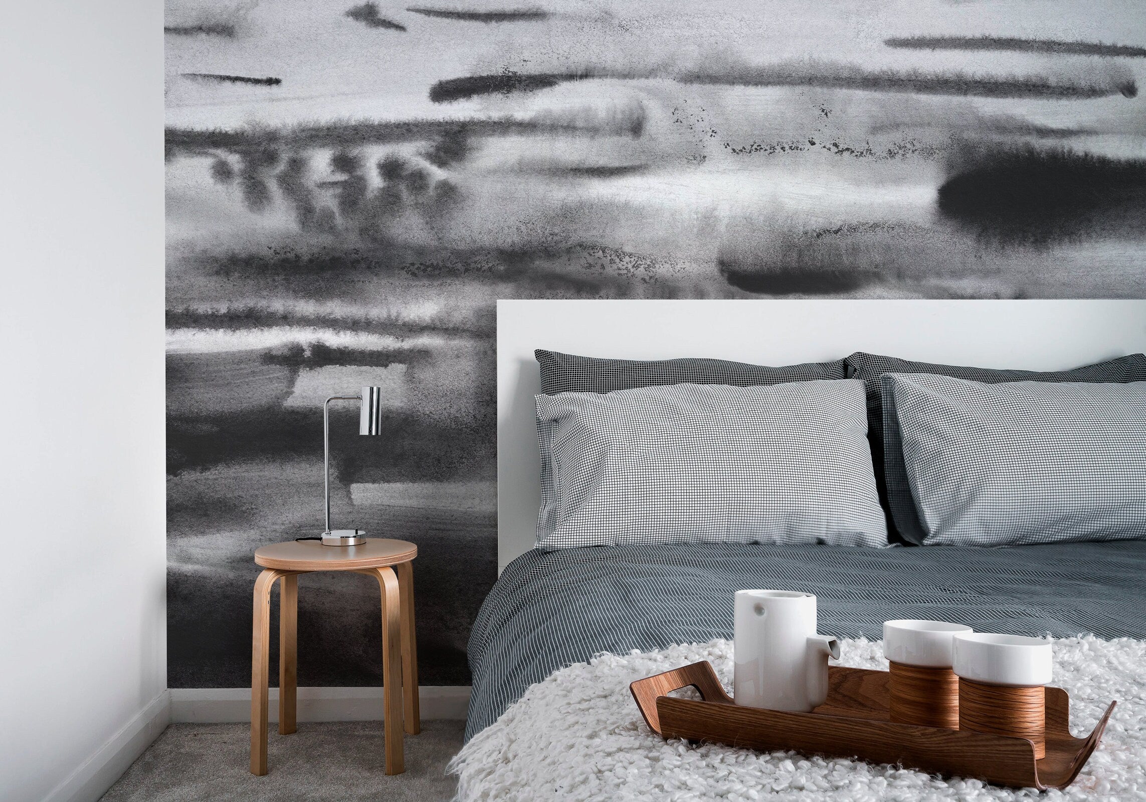 Abstract Wallpaper With Horizontal Brushstrokes In Black, White, And Gray - X161