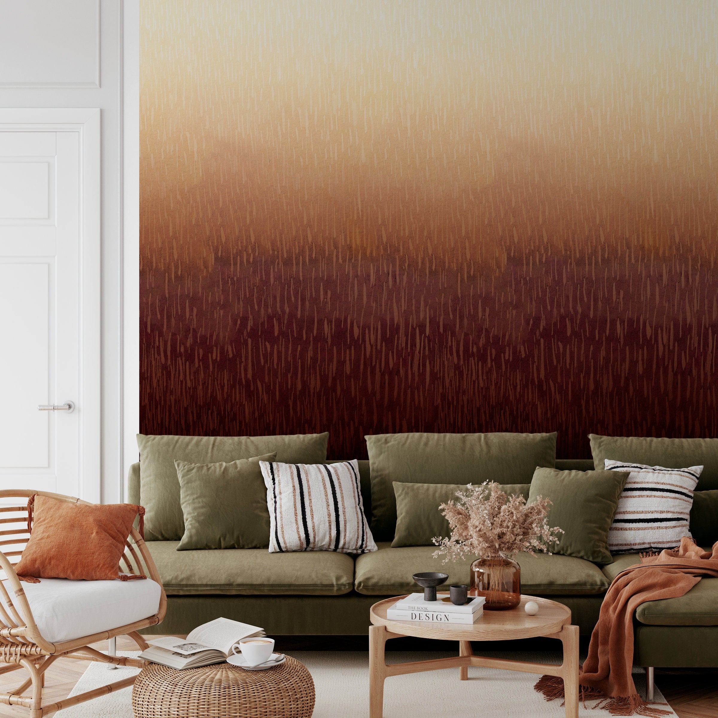 Ombre Wallpaper With Textured Brushstrokes In Orange, Brown, And Beige - X158