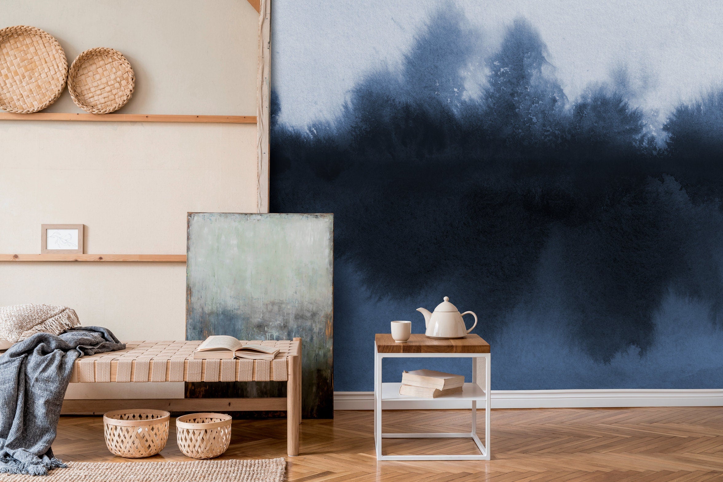 Watercolor Wallpaper With A Moody Ombre Wash In Navy Blue - X154