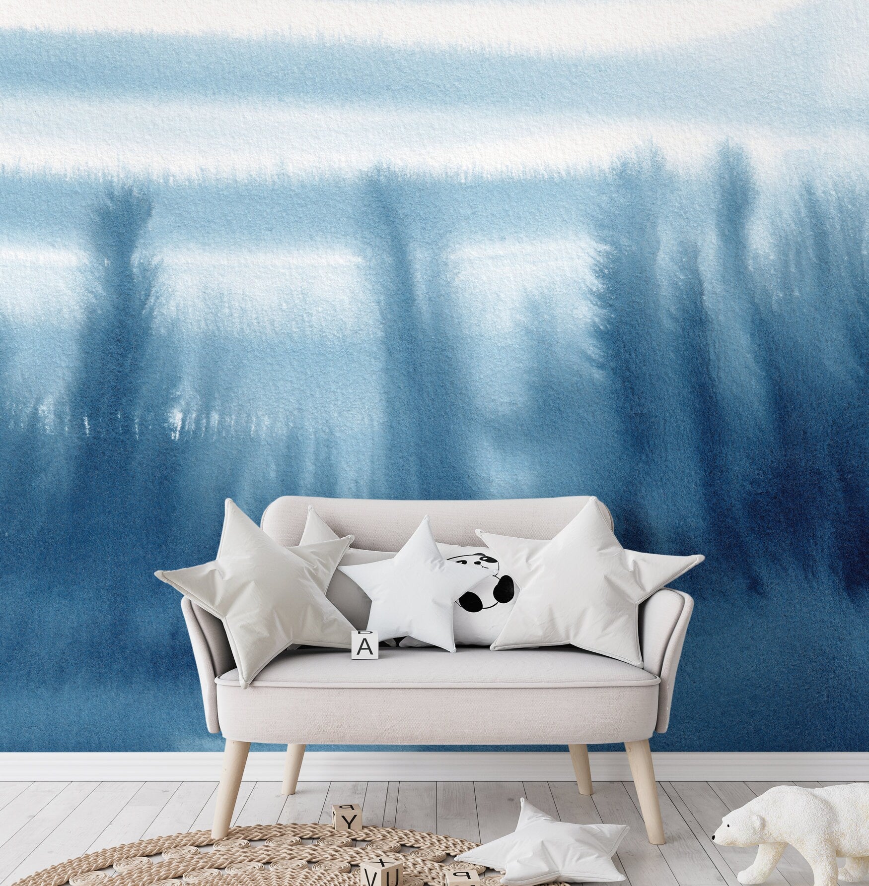 Ombre Wallpaper With An Abstract Watercolor Landscape In Blue And White - X156