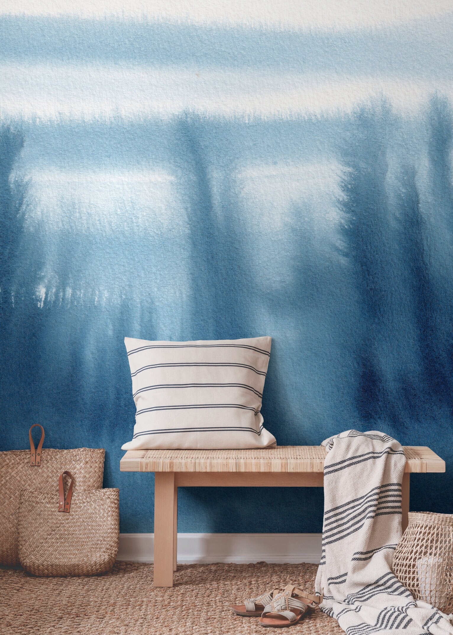Ombre Wallpaper With An Abstract Watercolor Landscape In Blue And White - X156