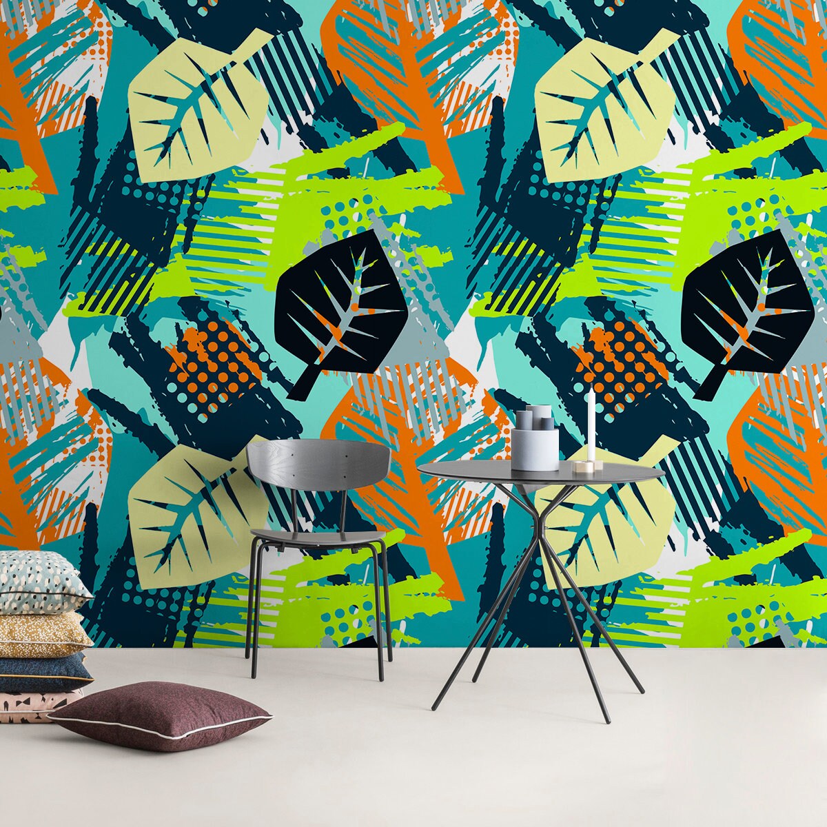 Abstract Wallpaper With Stylized Botanical Leaves In Teal, Orange, And Green - A799