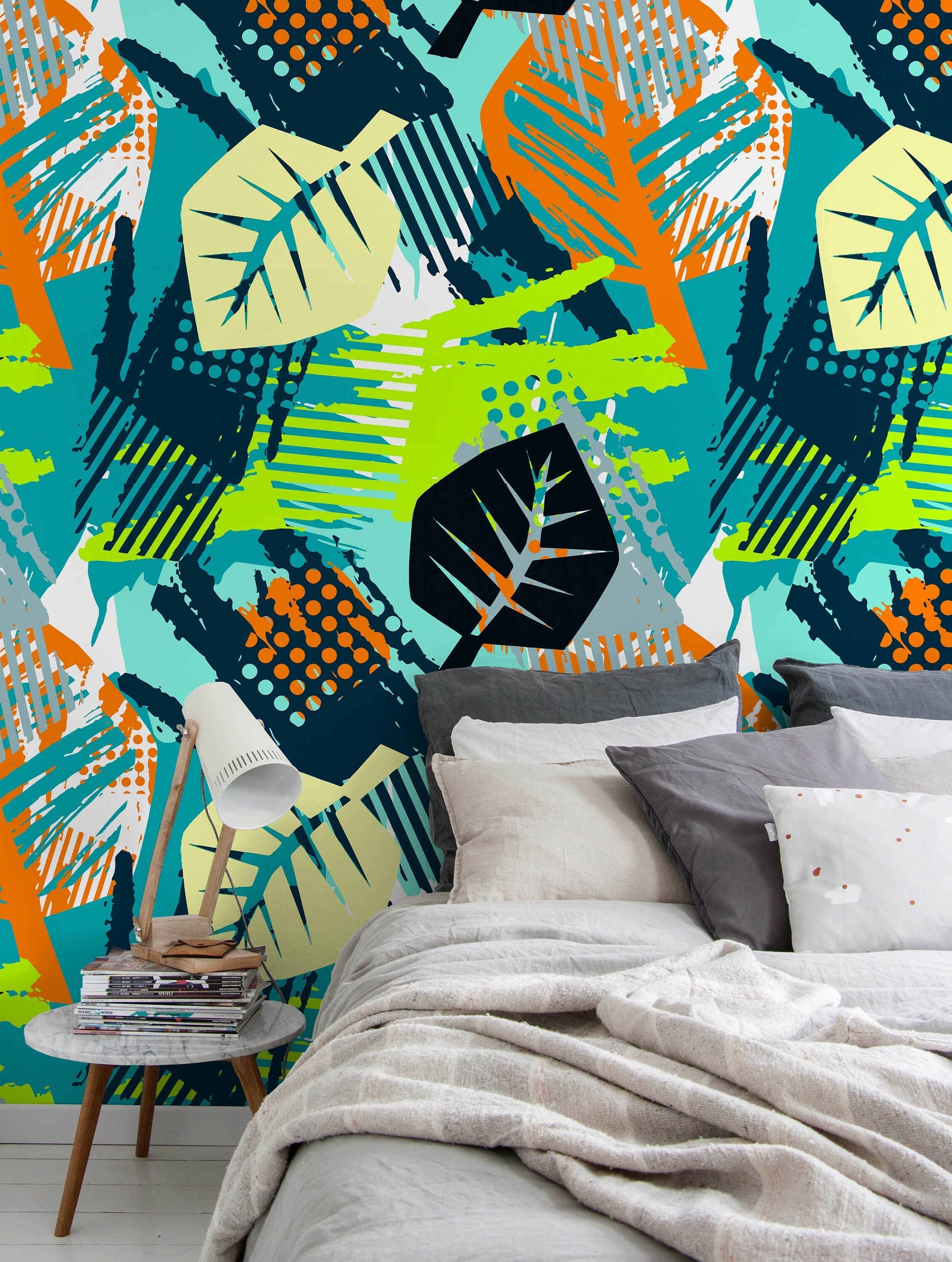 Abstract Wallpaper With Stylized Botanical Leaves In Teal, Orange, And Green - A799