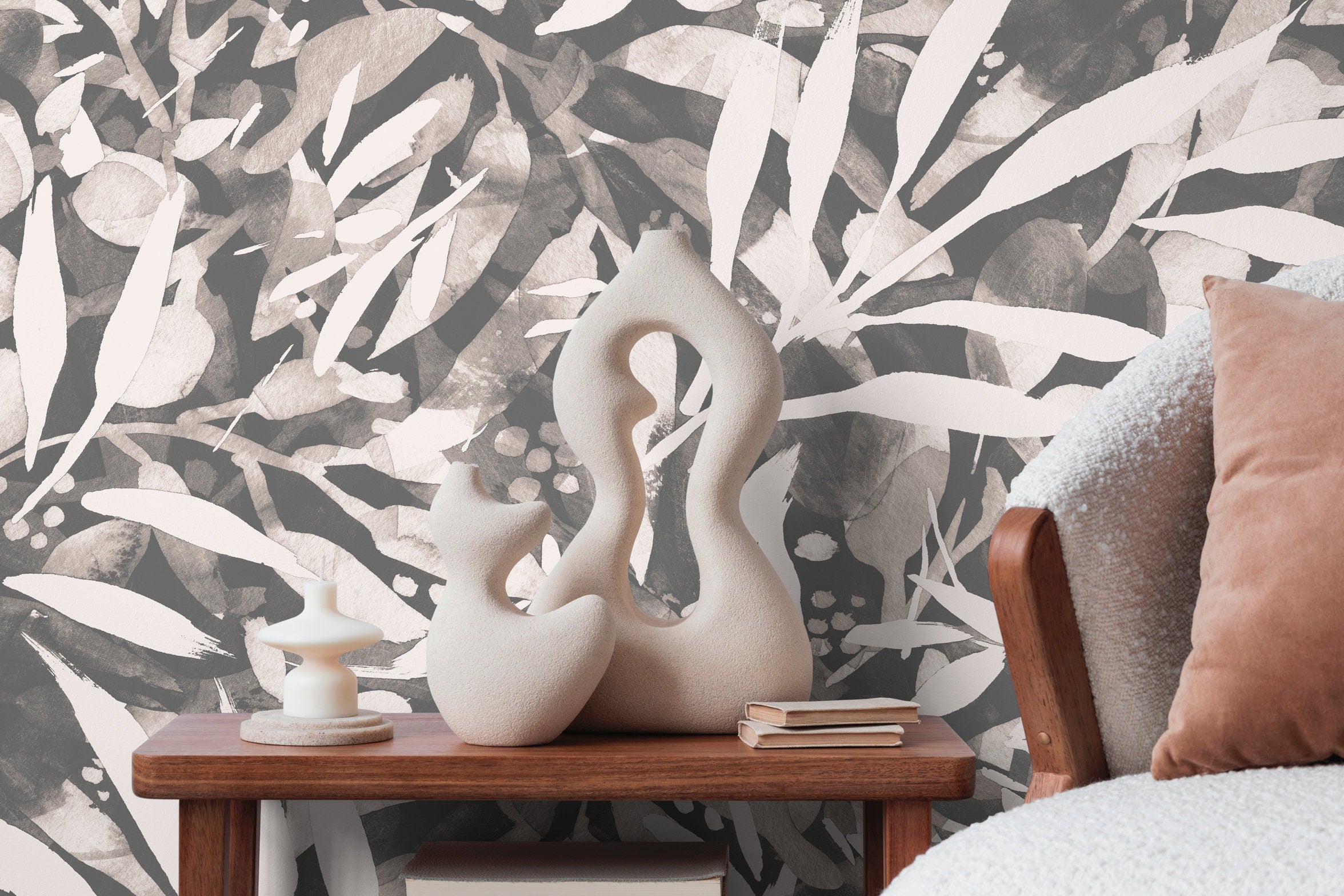 Abstract Wallpaper With A Painterly Leaf Motif In Charcoal, Gray, And Off-white - X151
