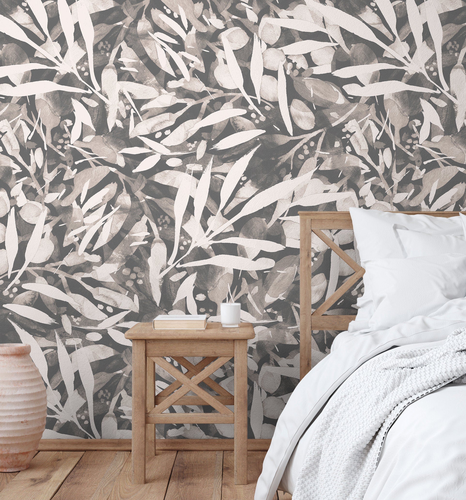Abstract Wallpaper With A Painterly Leaf Motif In Charcoal, Gray, And Off-white - X151