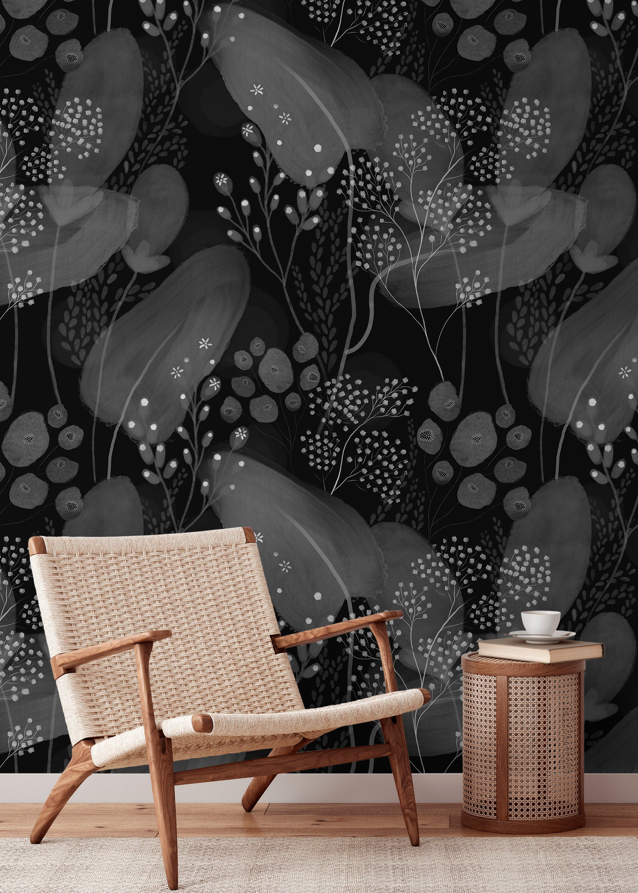 Floral Wallpaper Featuring Abstract Botanicals In Black, Gray, And White - X166