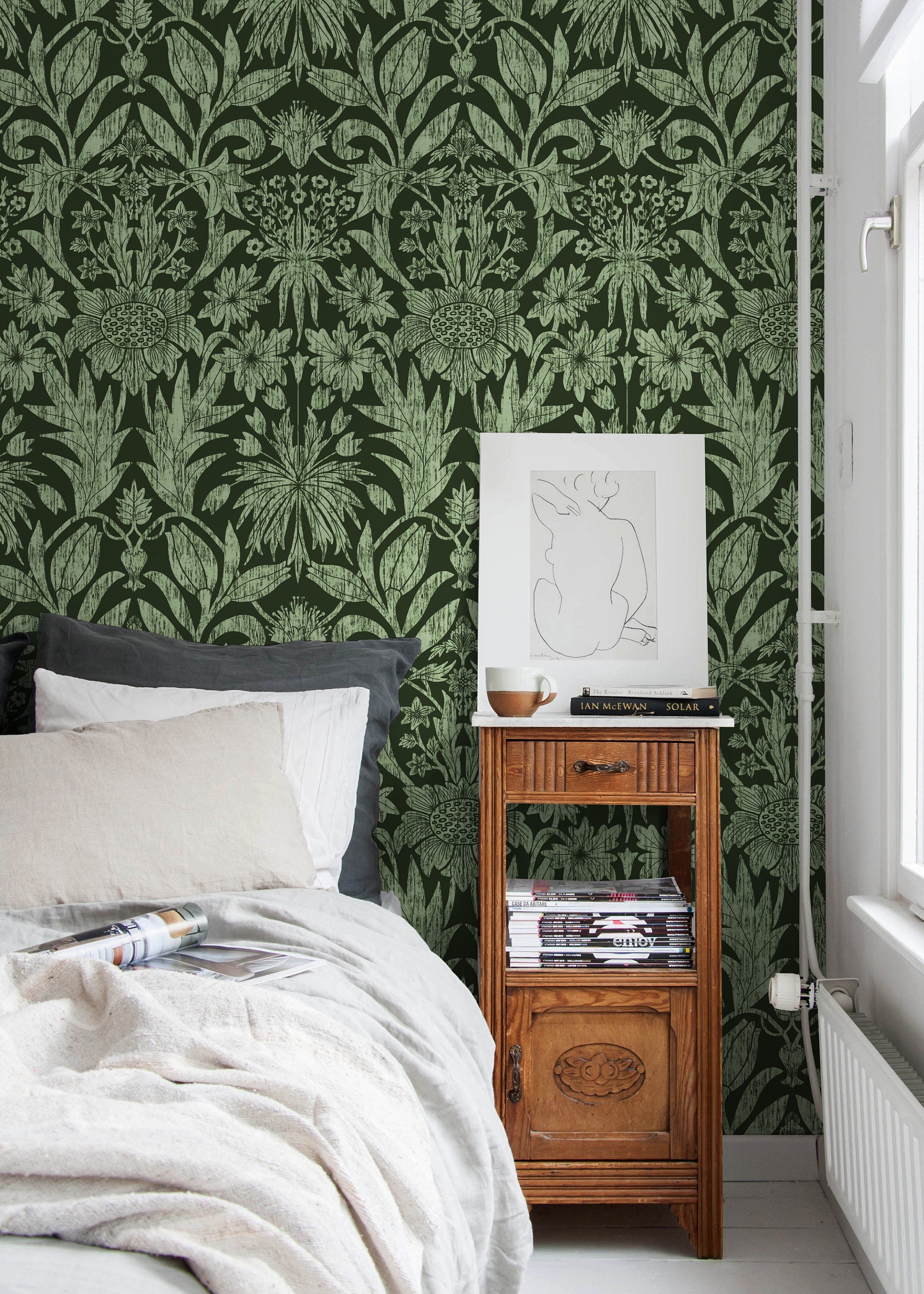 Art Nouveau Wallpaper With A Stylized Botanical Motif In Dark And Sage Green - X173