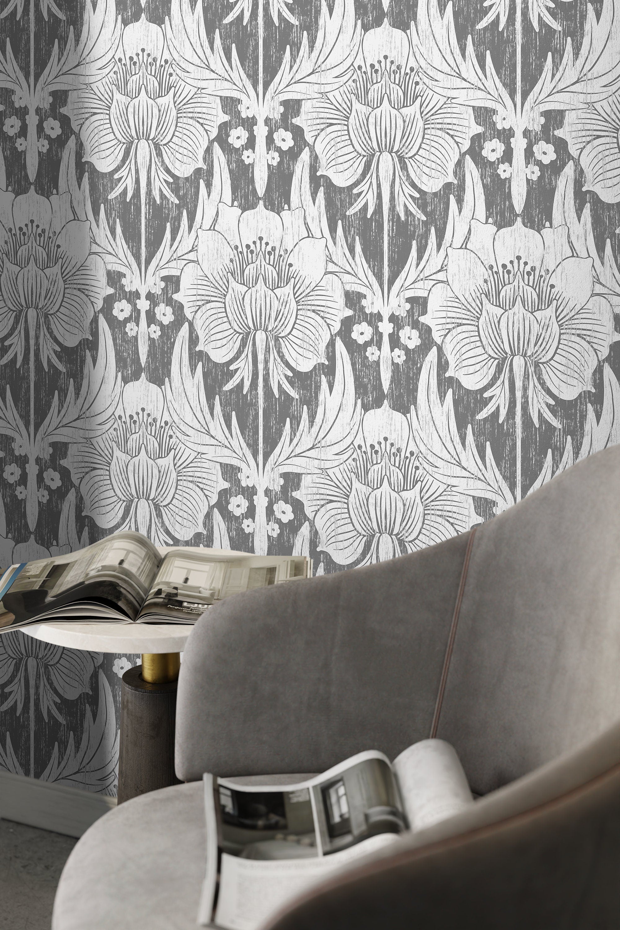 Vintage Floral Wallpaper With A Block Print Motif In Gray And White - X171