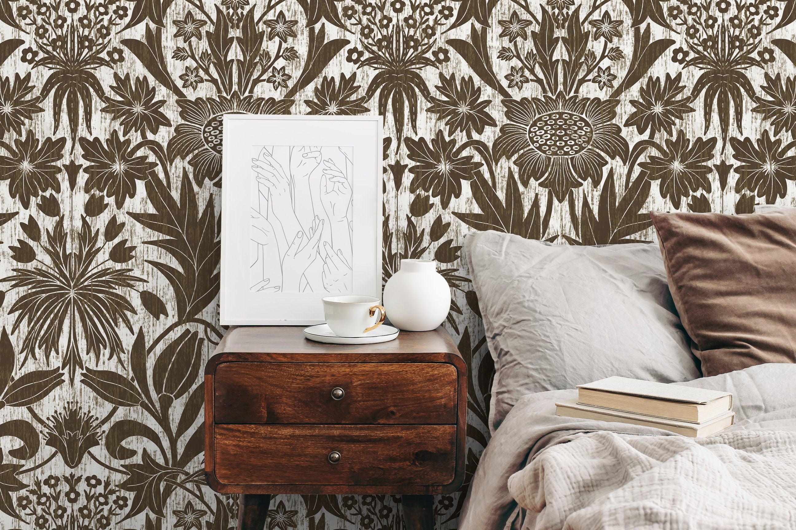 Art Nouveau Wallpaper With Stylized Floral Motifs In Brown And White - X174
