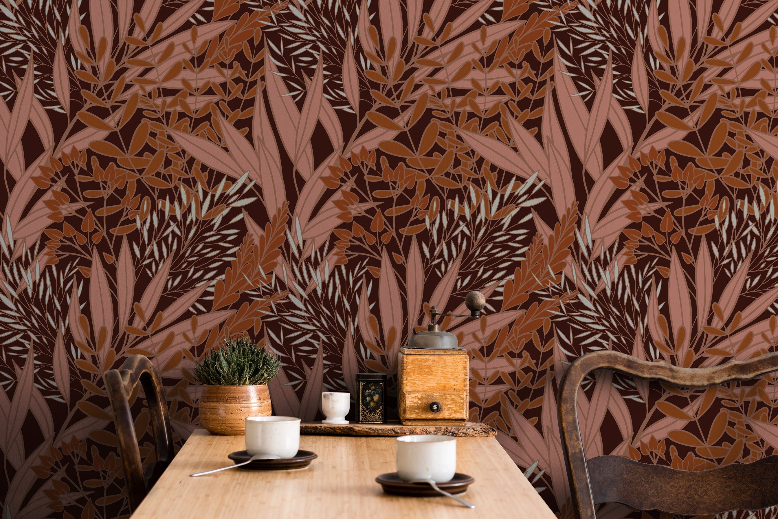Botanical Wallpaper With Stylized Autumn Leaves In Brown, Pink, And Terracotta - X167