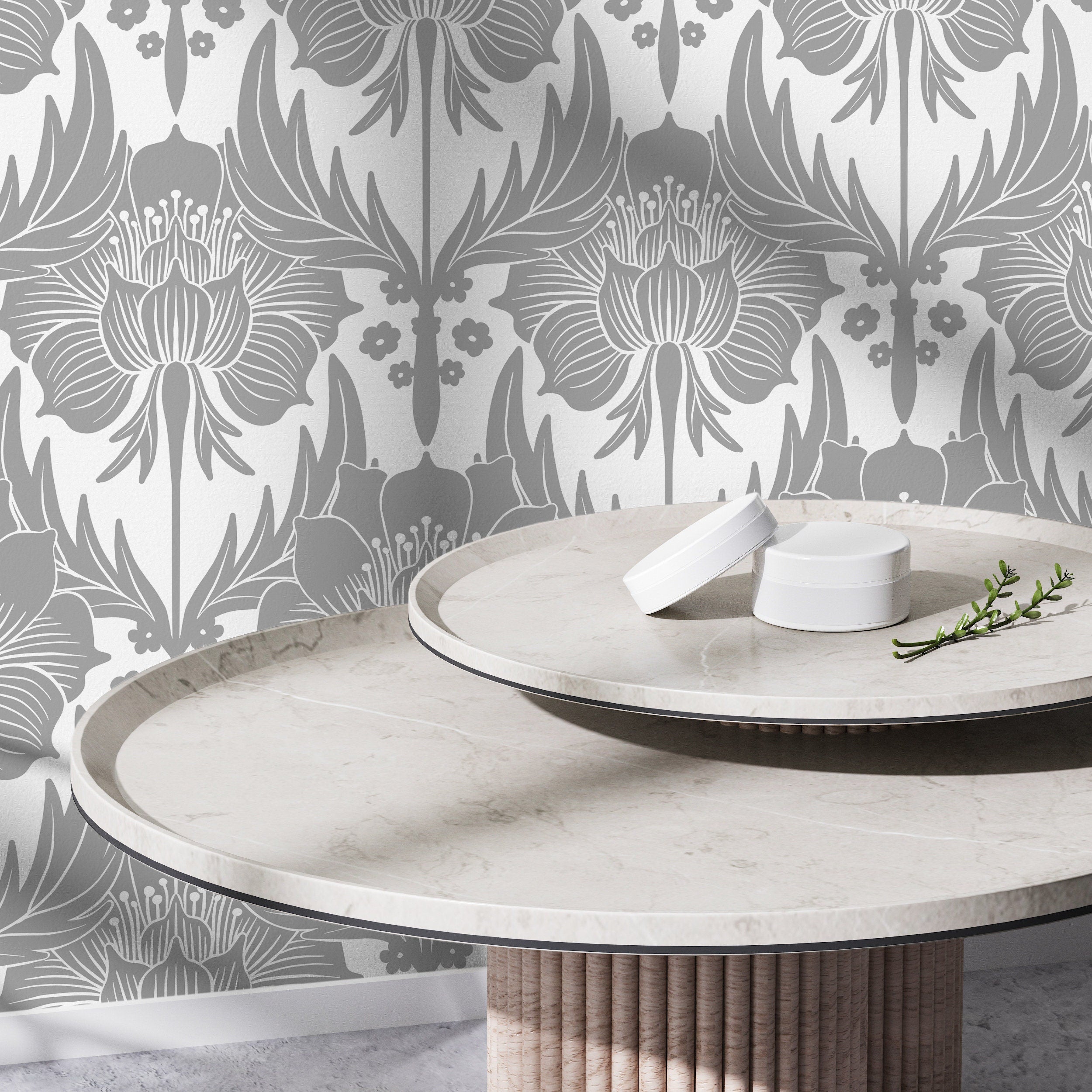 Art Nouveau Wallpaper With A Stylized Floral Damask Motif In Gray And White - X172
