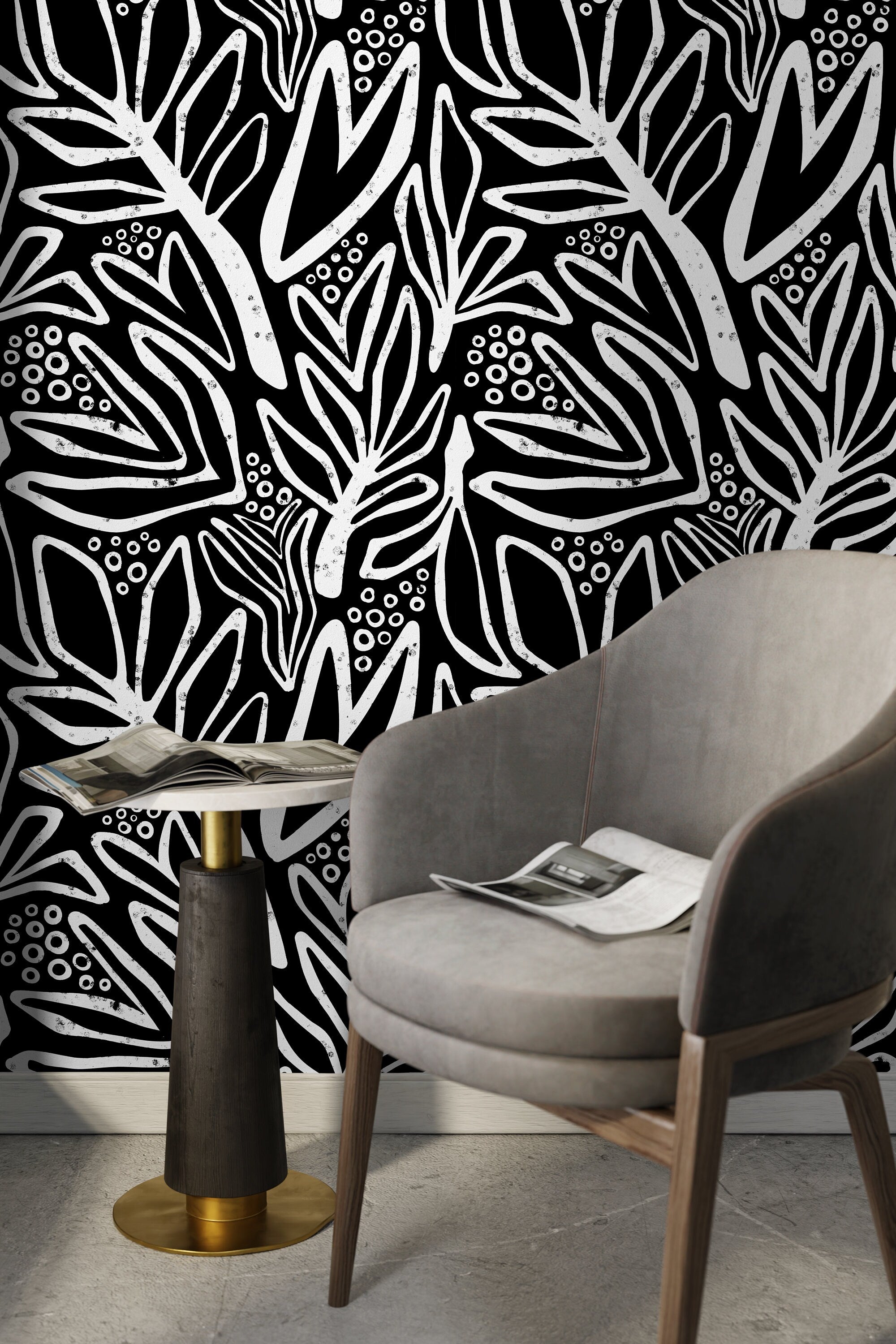 Abstract Wallpaper With A Bold Botanical Motif In Black And White - X176