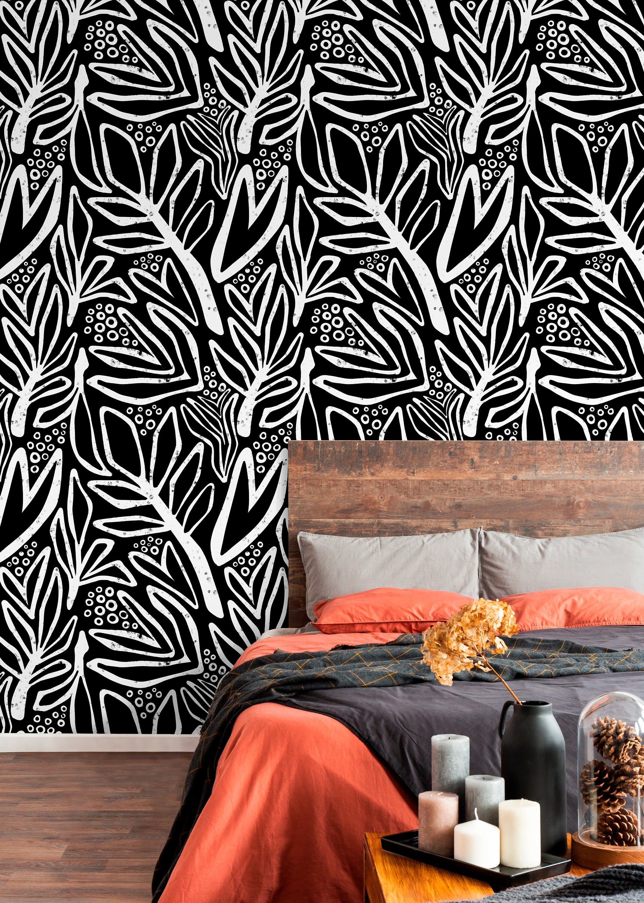 Abstract Wallpaper With A Bold Botanical Motif In Black And White - X176