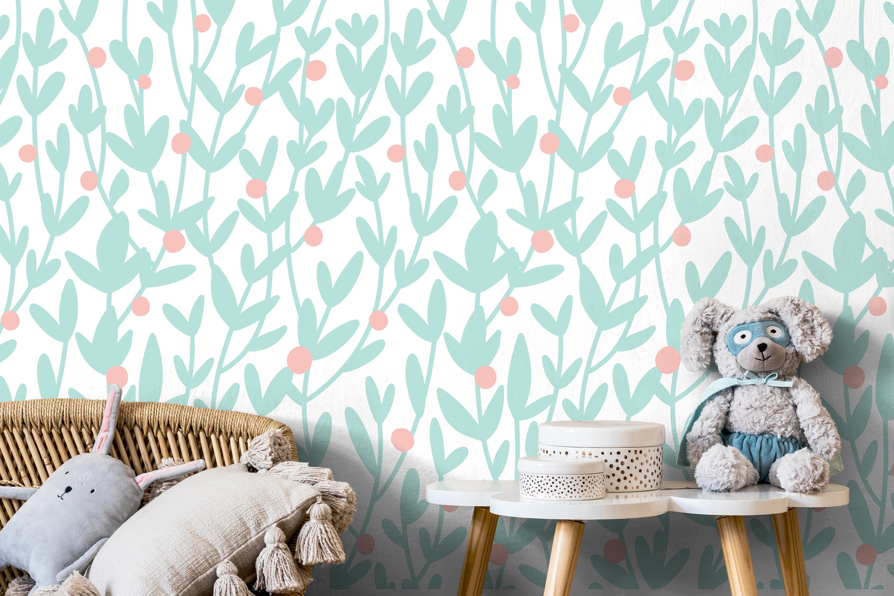 Floral Wallpaper Featuring Minimalist Branches In Mint And Pink - X179