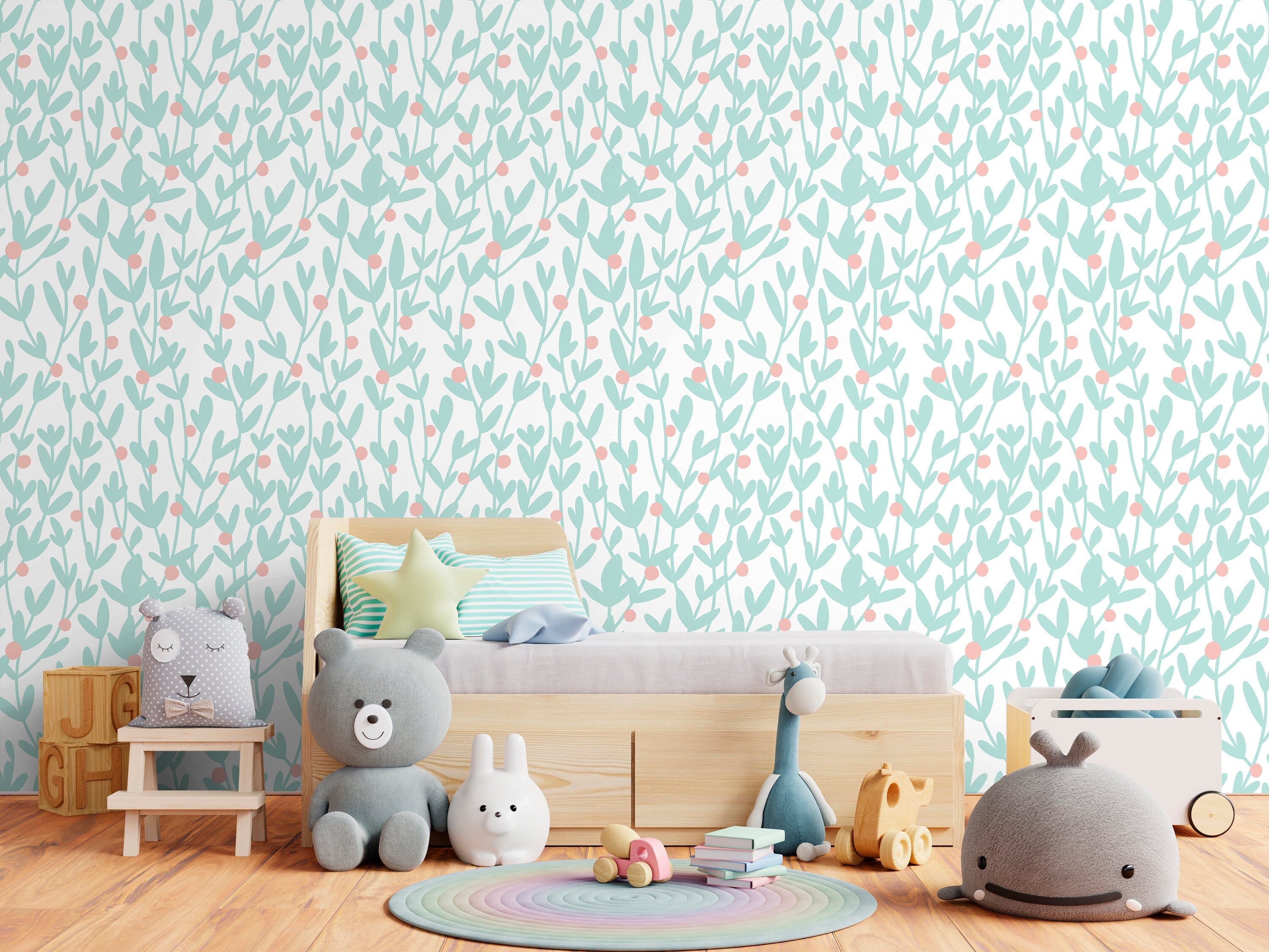 Floral Wallpaper Featuring Minimalist Branches In Mint And Pink - X179