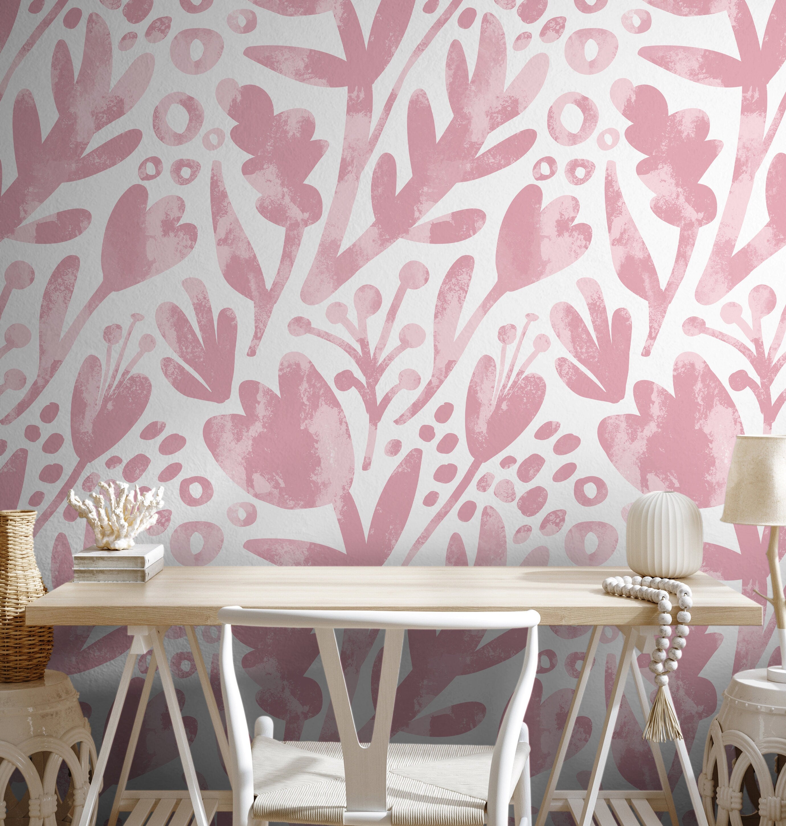 Floral Wallpaper With Abstract Botanical Shapes In Pink - X182