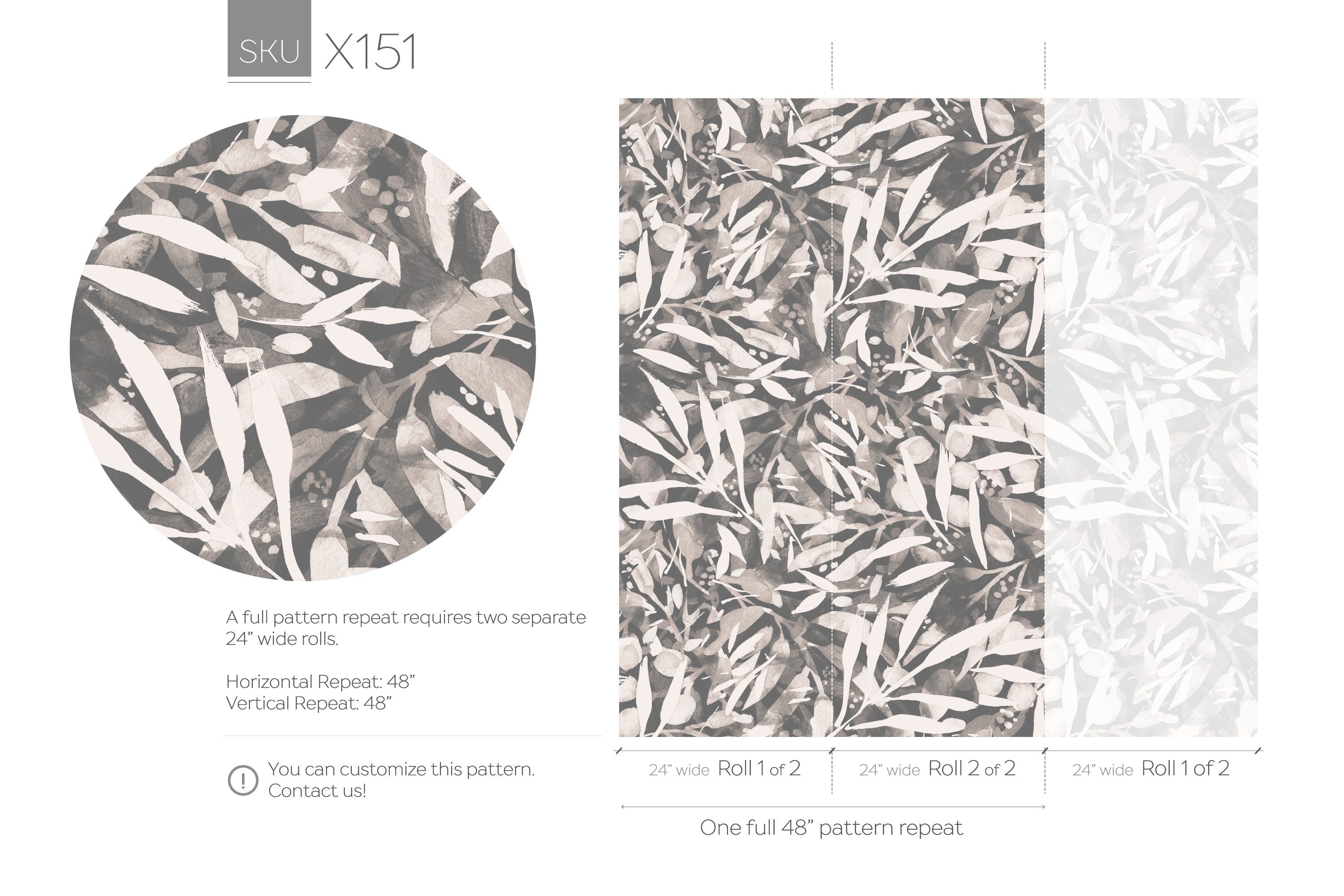 Abstract Wallpaper With A Painterly Leaf Motif In Charcoal, Gray, And Off-white - X151