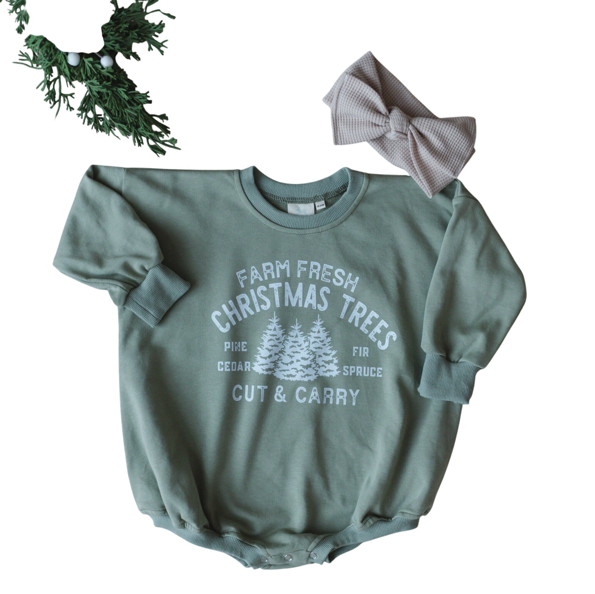 Farm Fresh Christmas Trees Sweatshirt Romper - Sage