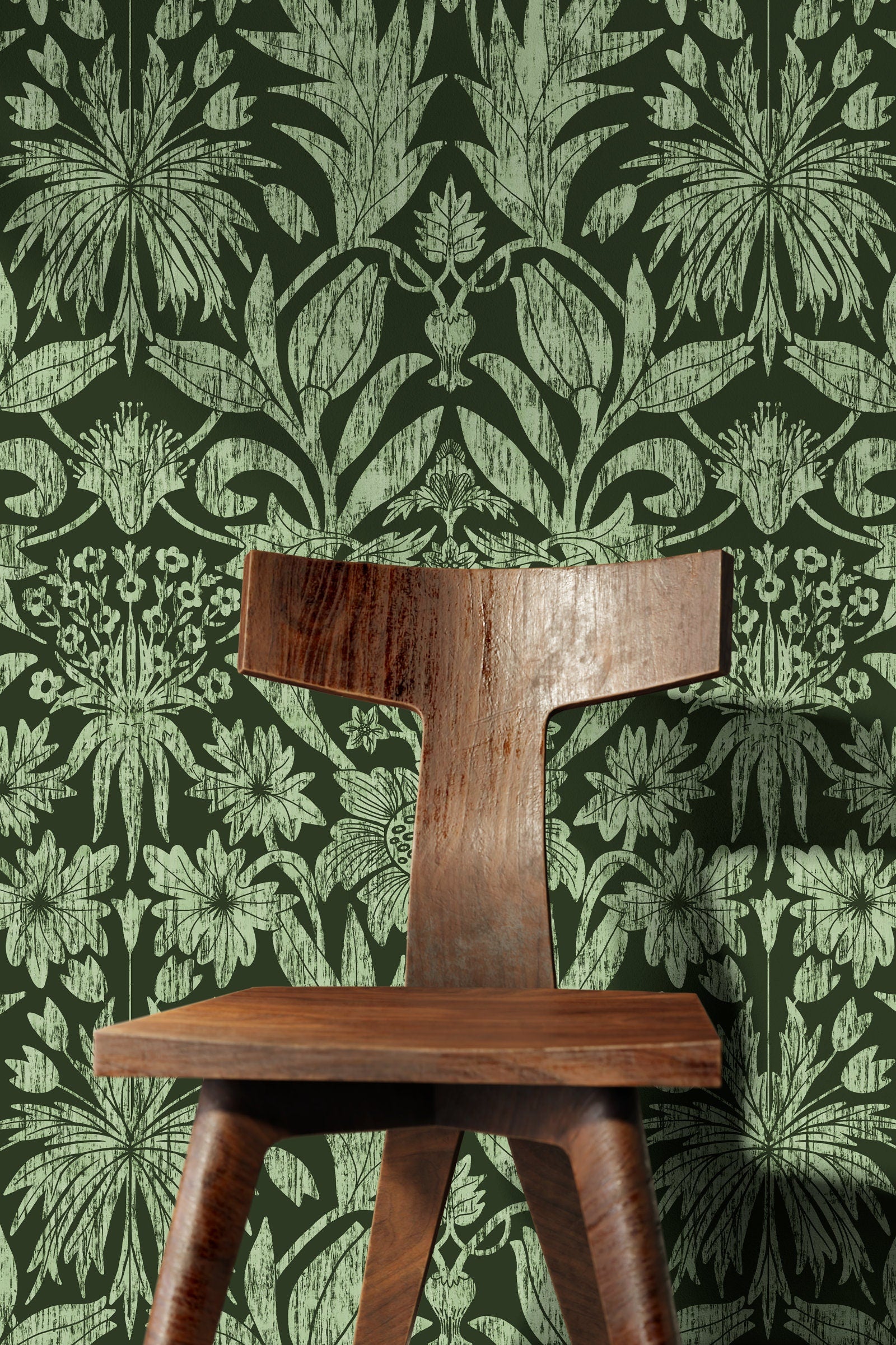 Art Nouveau Wallpaper With A Stylized Botanical Motif In Dark And Sage Green - X173