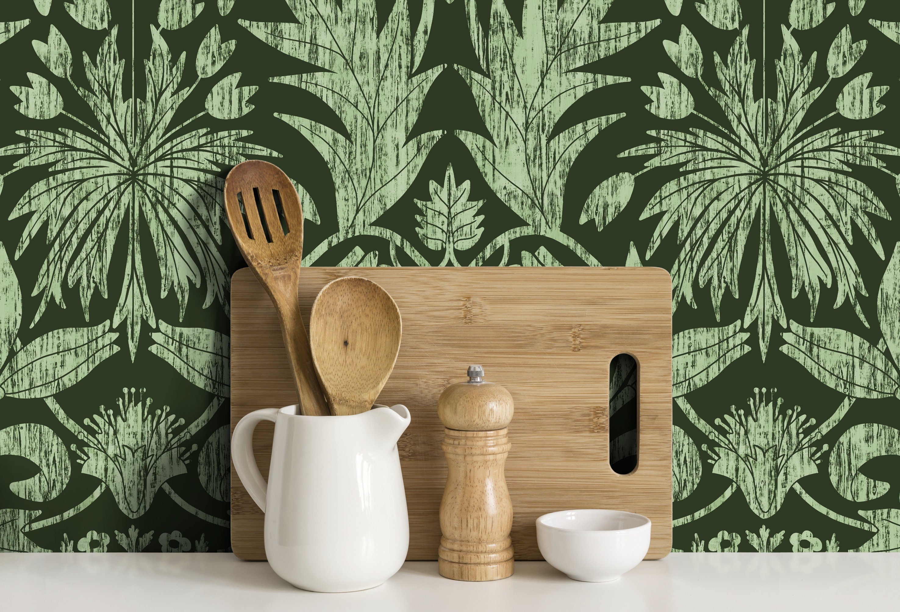 Art Nouveau Wallpaper With A Stylized Botanical Motif In Dark And Sage Green - X173