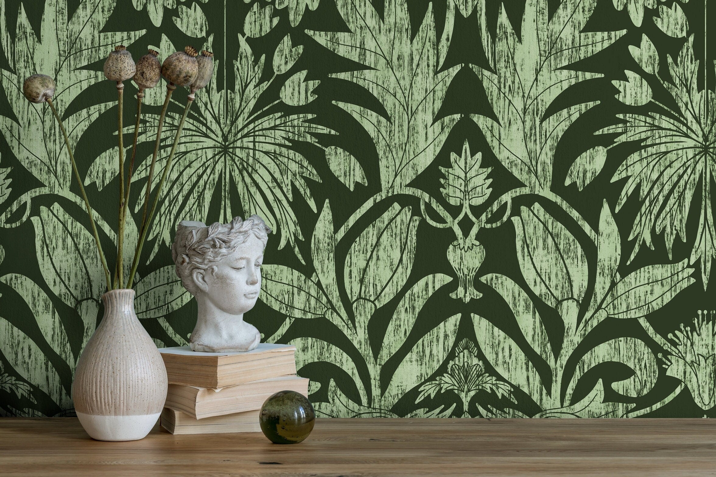 Art Nouveau Wallpaper With A Stylized Botanical Motif In Dark And Sage Green - X173