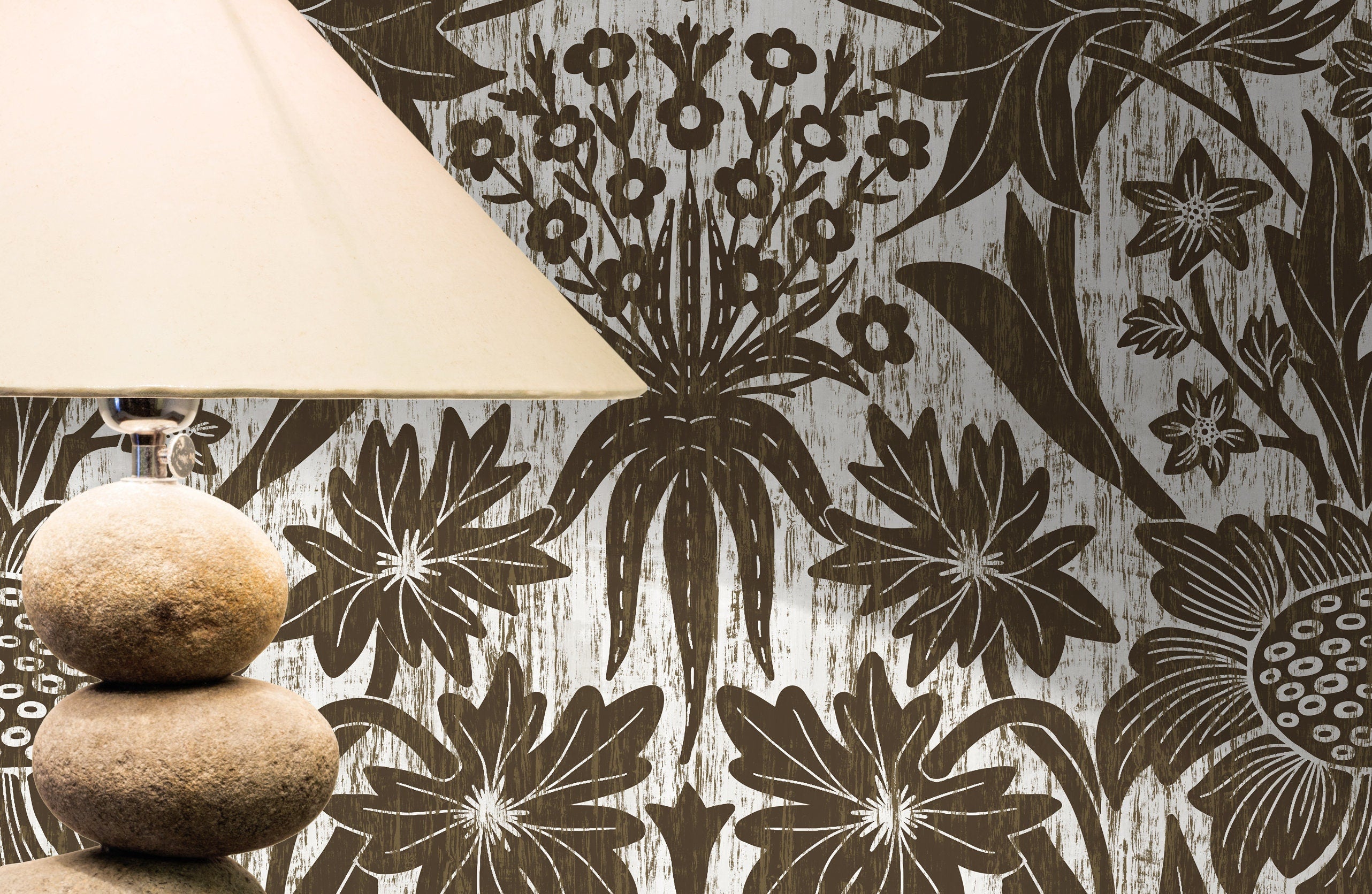 Art Nouveau Wallpaper With Stylized Floral Motifs In Brown And White - X174
