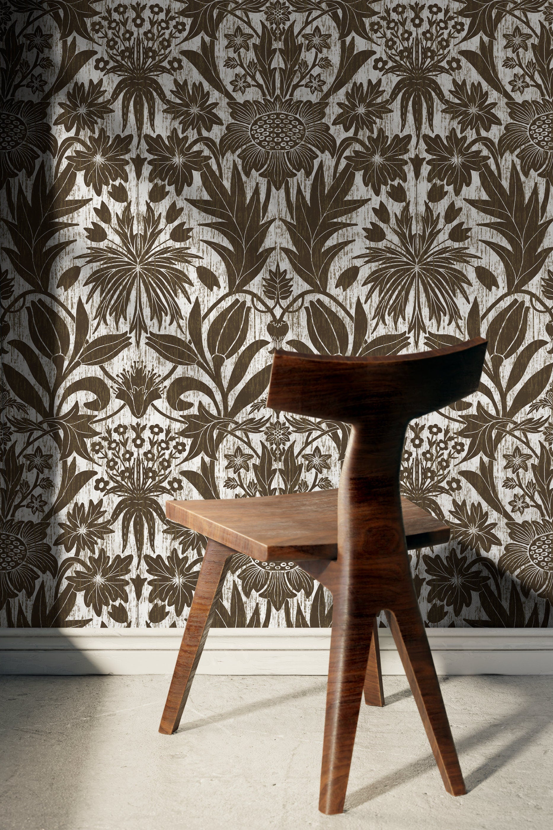 Art Nouveau Wallpaper With Stylized Floral Motifs In Brown And White - X174