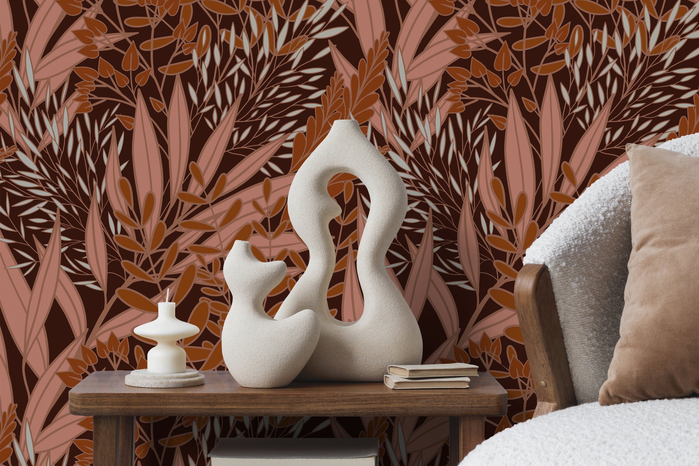 Botanical Wallpaper With Stylized Autumn Leaves In Brown, Pink, And Terracotta - X167