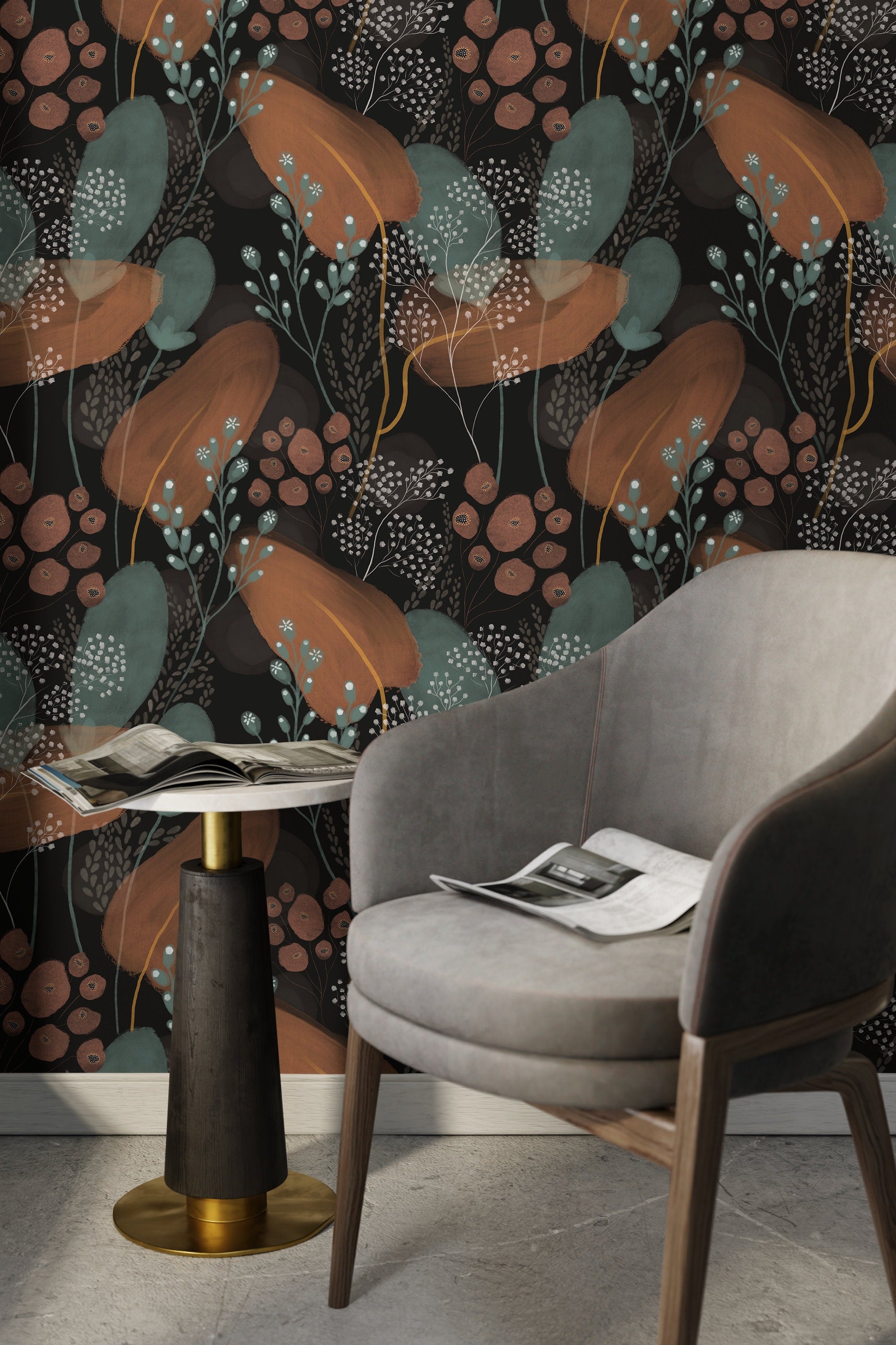 Botanical Wallpaper With Painterly Autumn Flora In Black, Terracotta, And Teal - X165