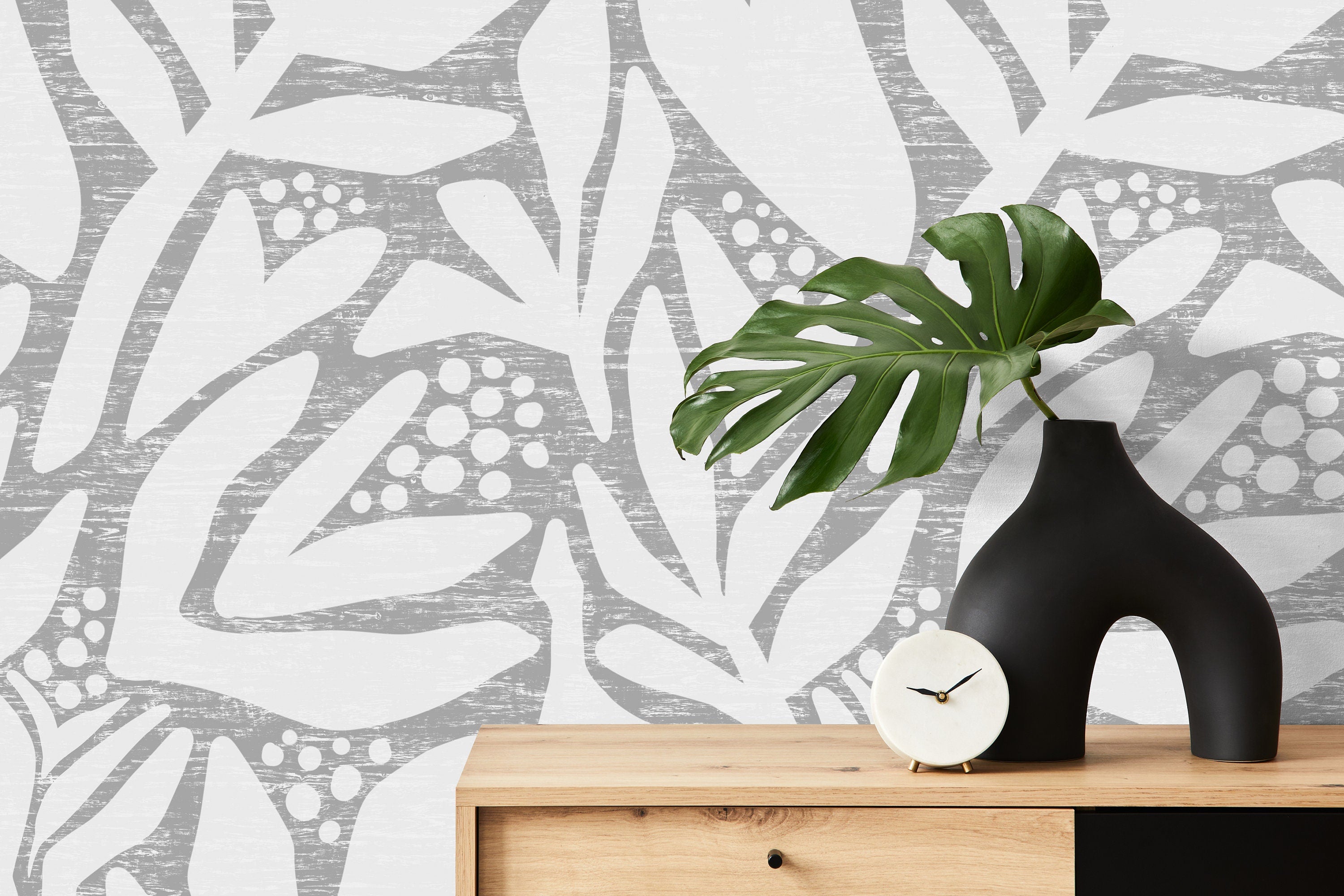 Abstract Wallpaper With A Stylized Leaf Motif In Gray And White - X181