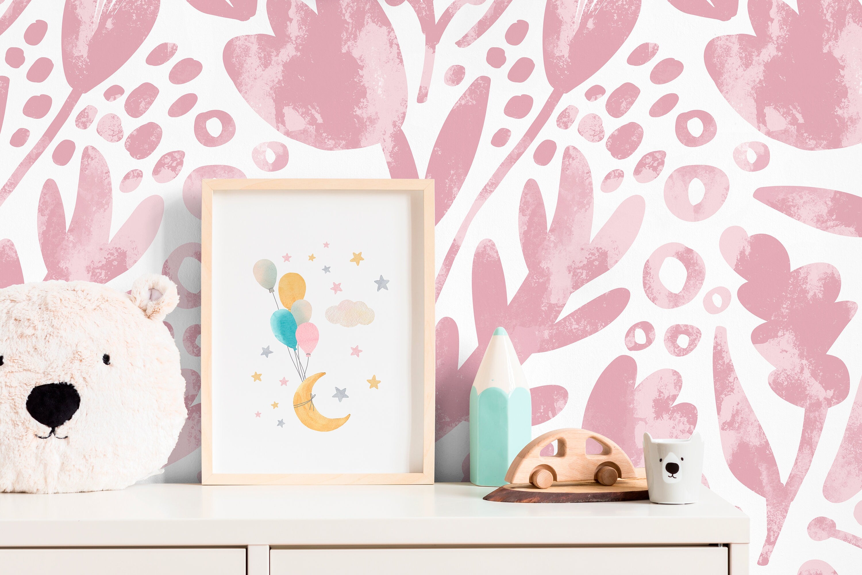 Floral Wallpaper With Abstract Botanical Shapes In Pink - X182
