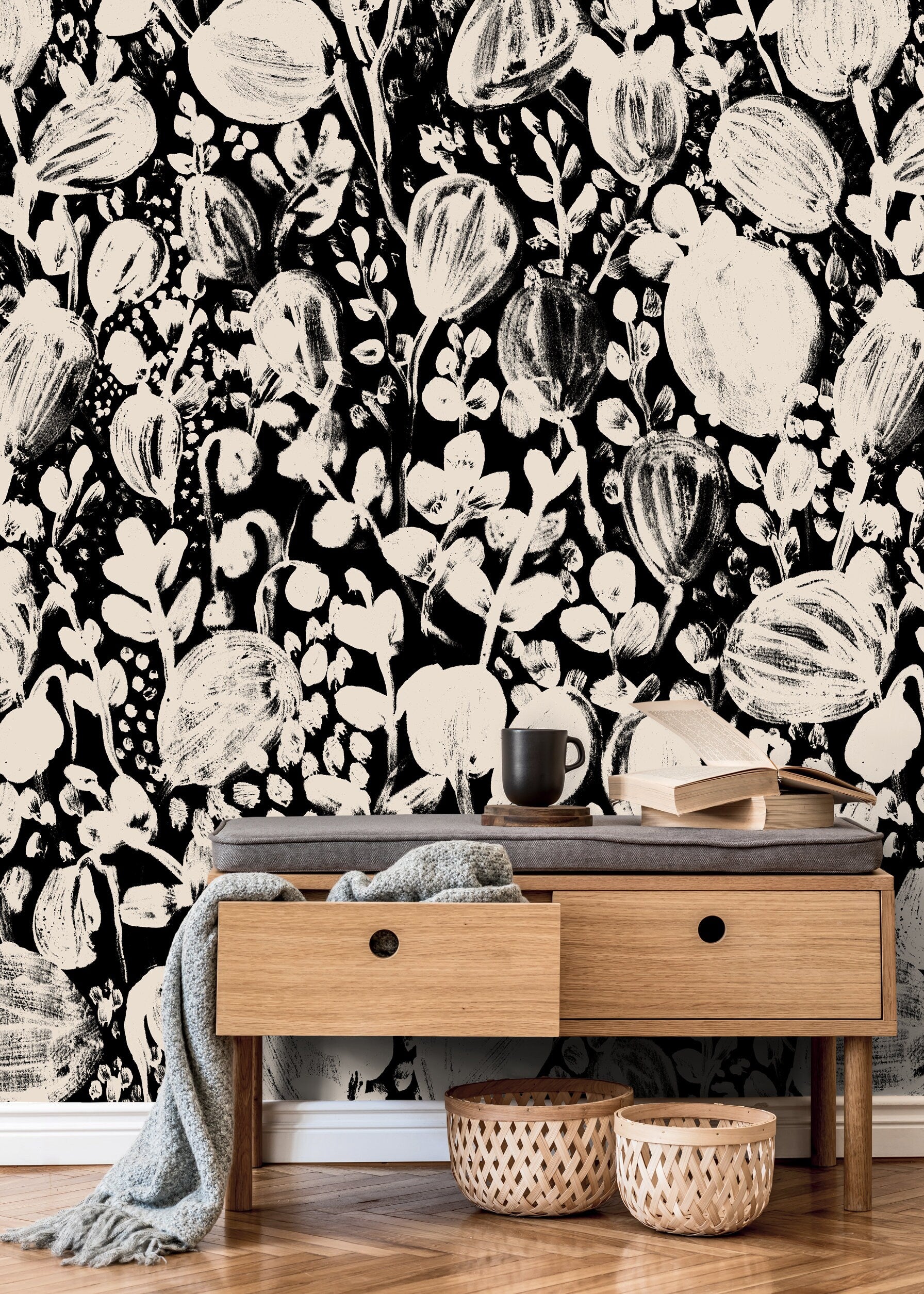 Floral Wallpaper With Abstract Brushstroke Blooms In Black And Beige - X188