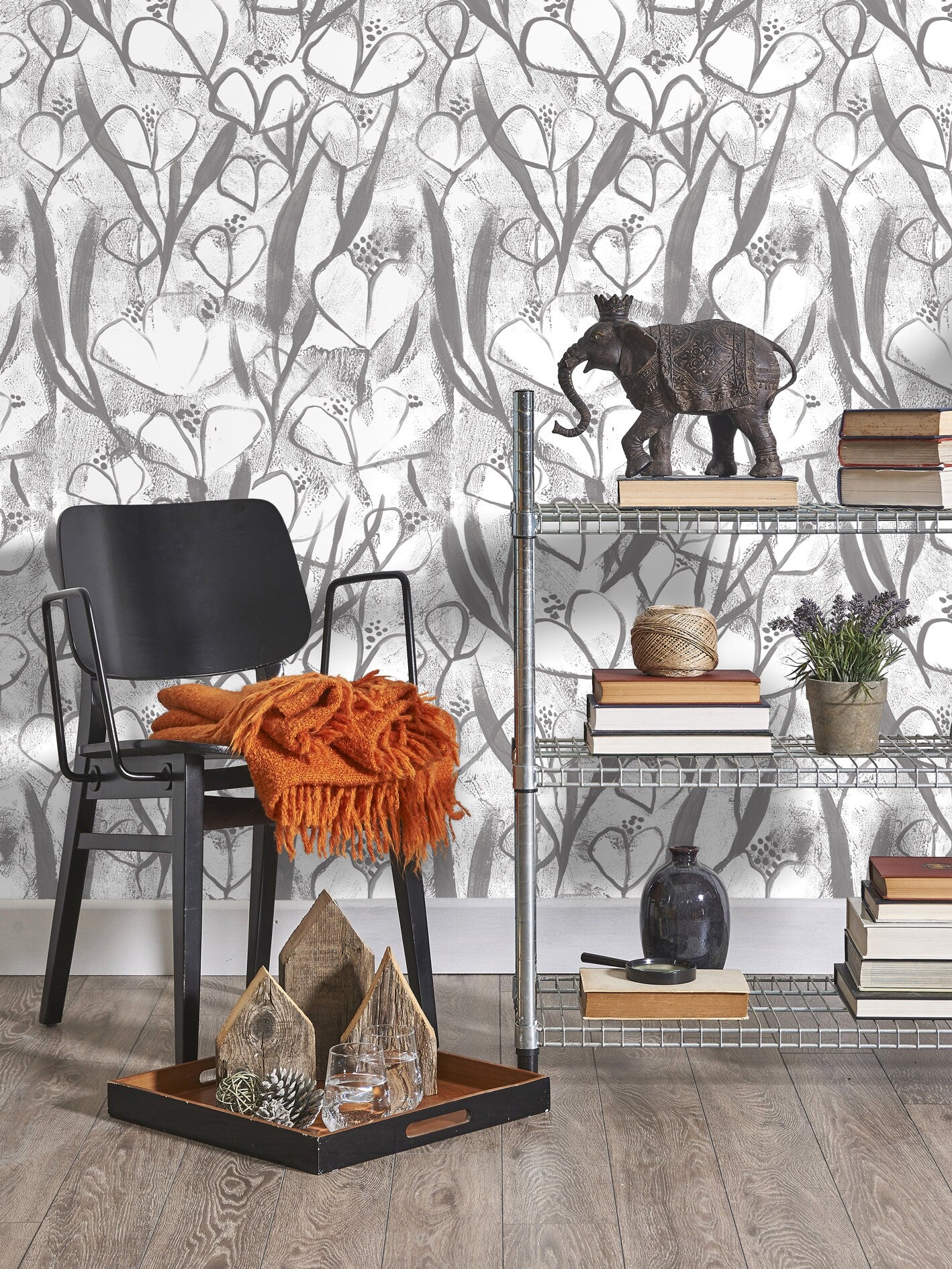 Floral Wallpaper With An Abstract Painterly Motif In Black And Grey - X191