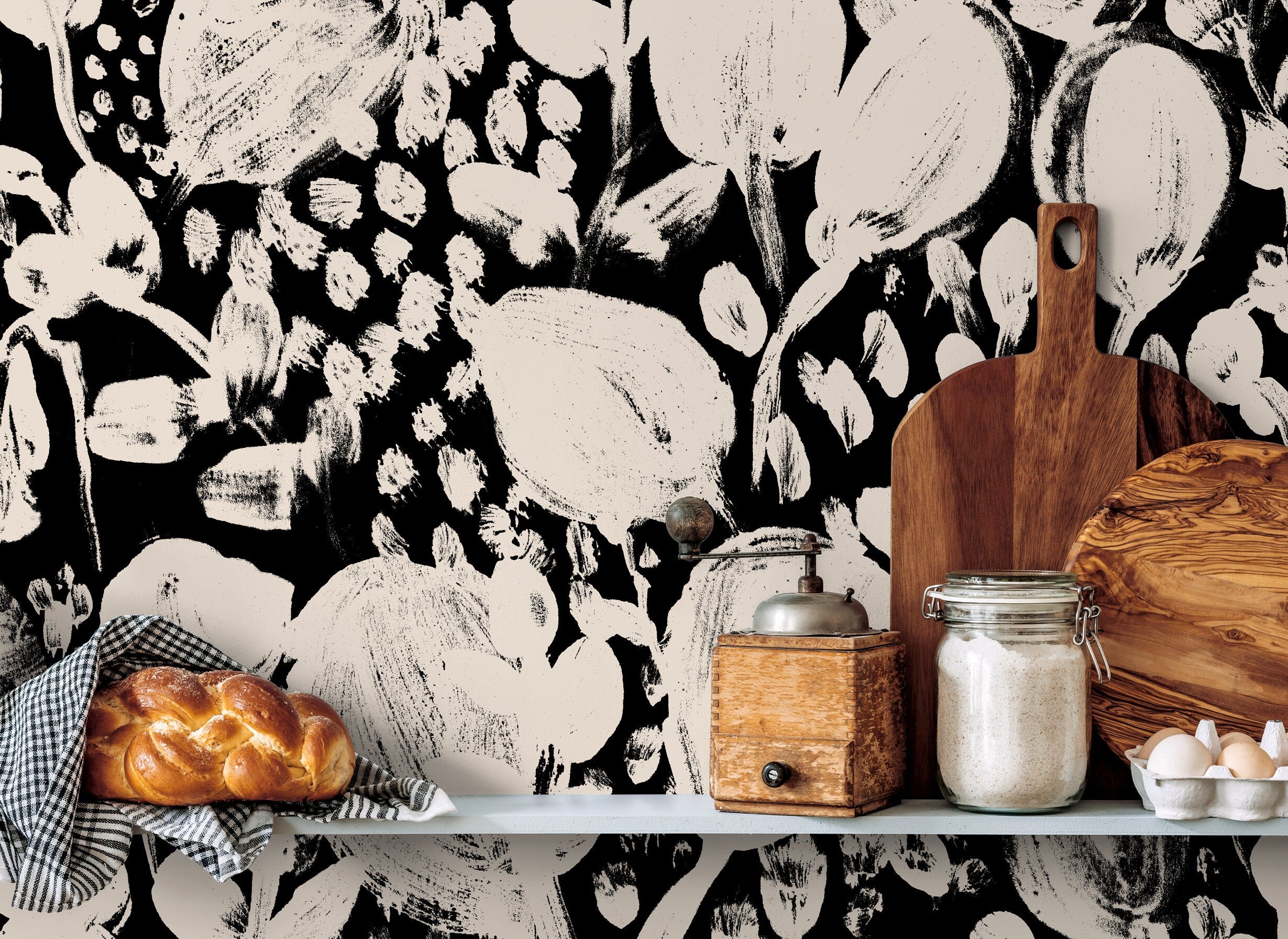 Floral Wallpaper With Abstract Brushstroke Blooms In Black And Beige - X188