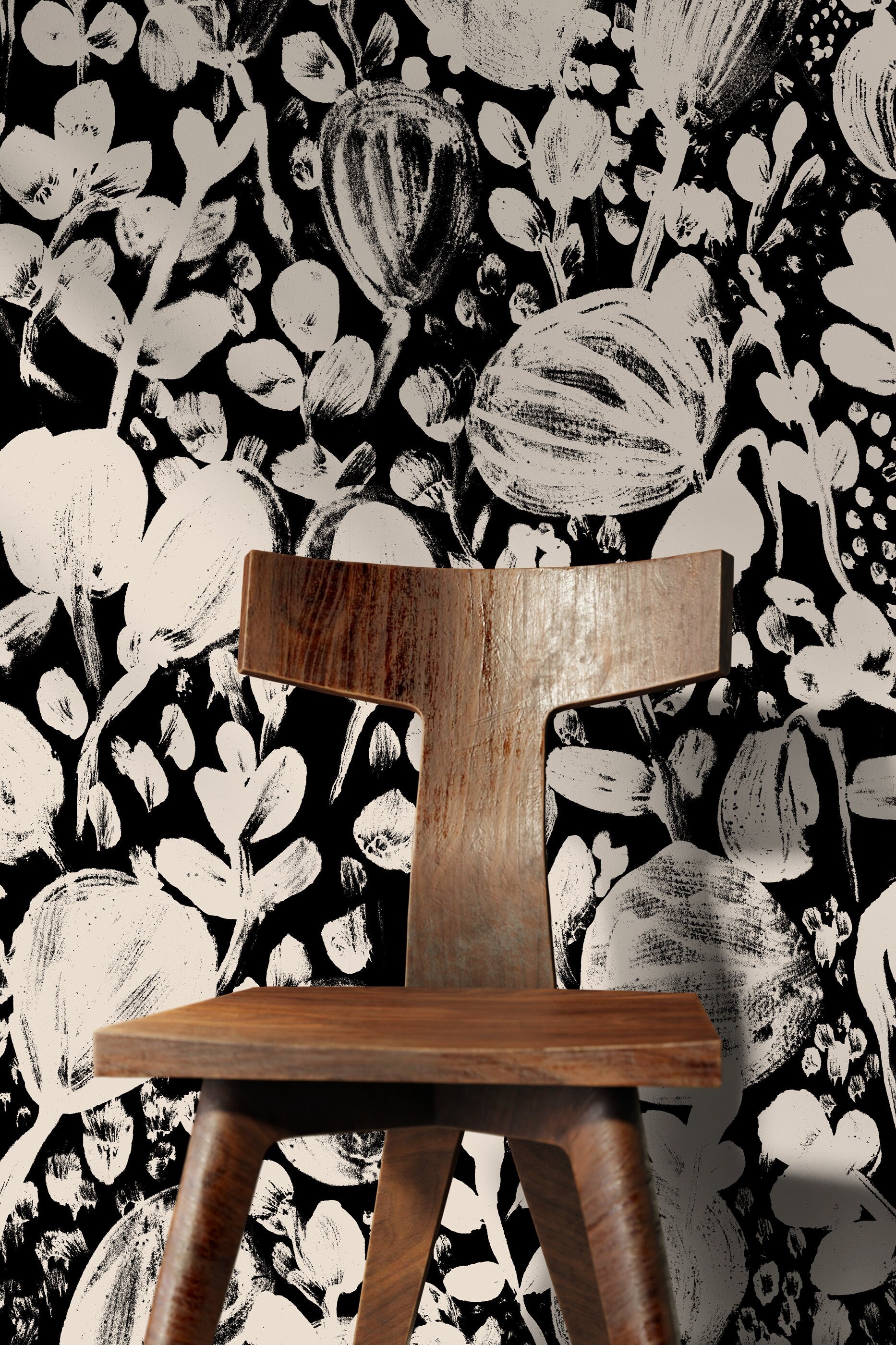 Floral Wallpaper With Abstract Brushstroke Blooms In Black And Beige - X188